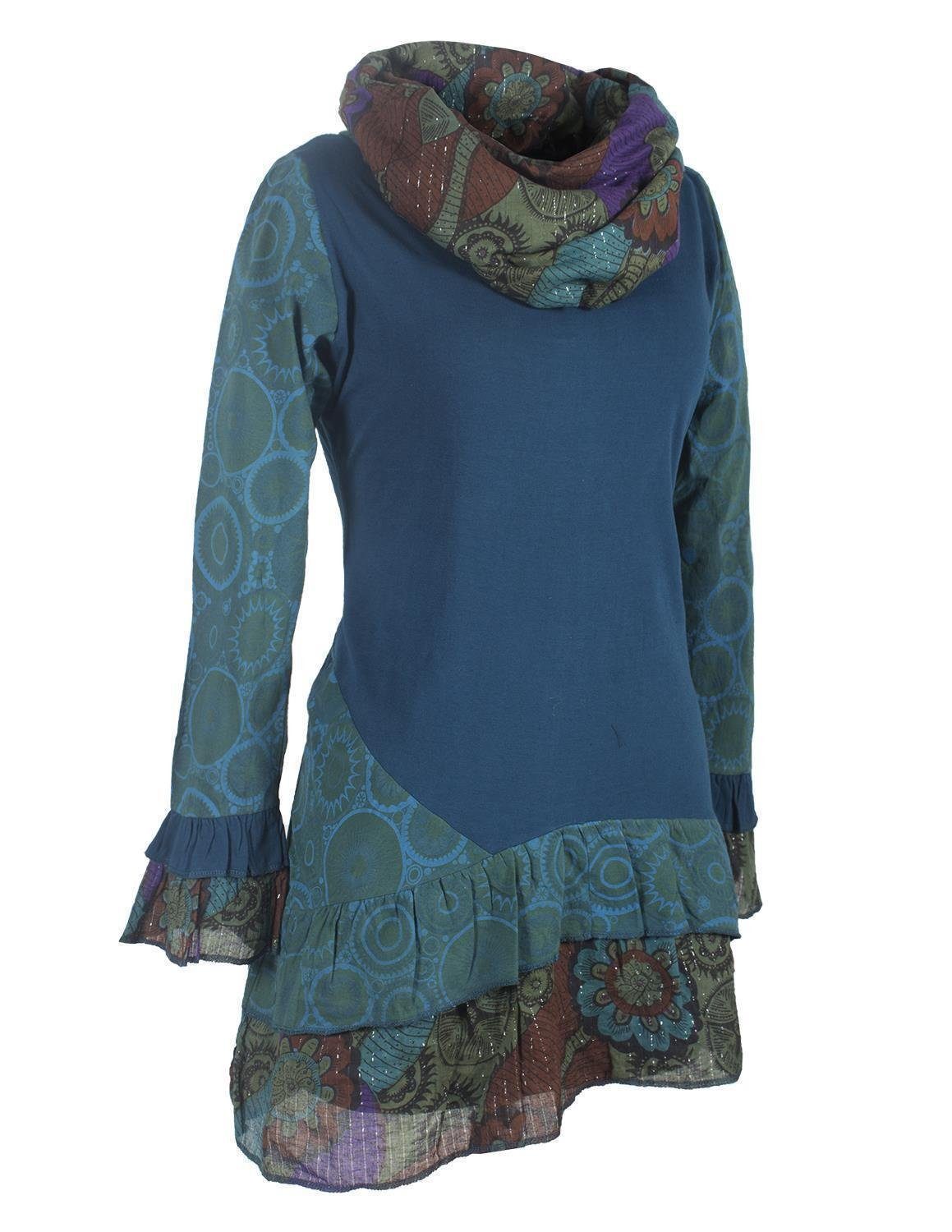 Vishes Midikleid Langarm Mandala Rüschen-Kleid mit Kapuzenschal Elfen, Boho, Goa Hippie Style