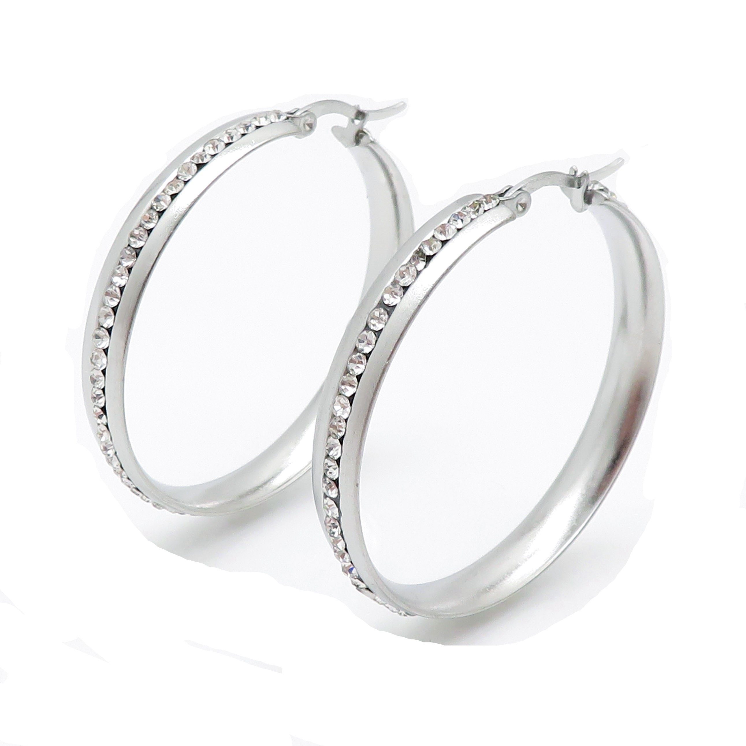Ohrring-Set Creolen mit Strass 4,5 cm silber aus Edelstahl Damen