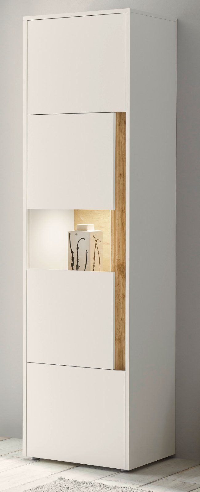 Furn.Design Stauraumvitrine Center (Schrank in weiß mit Wotan Eiche, 50 x 197 cm) 3-türig mit viel Stauraum