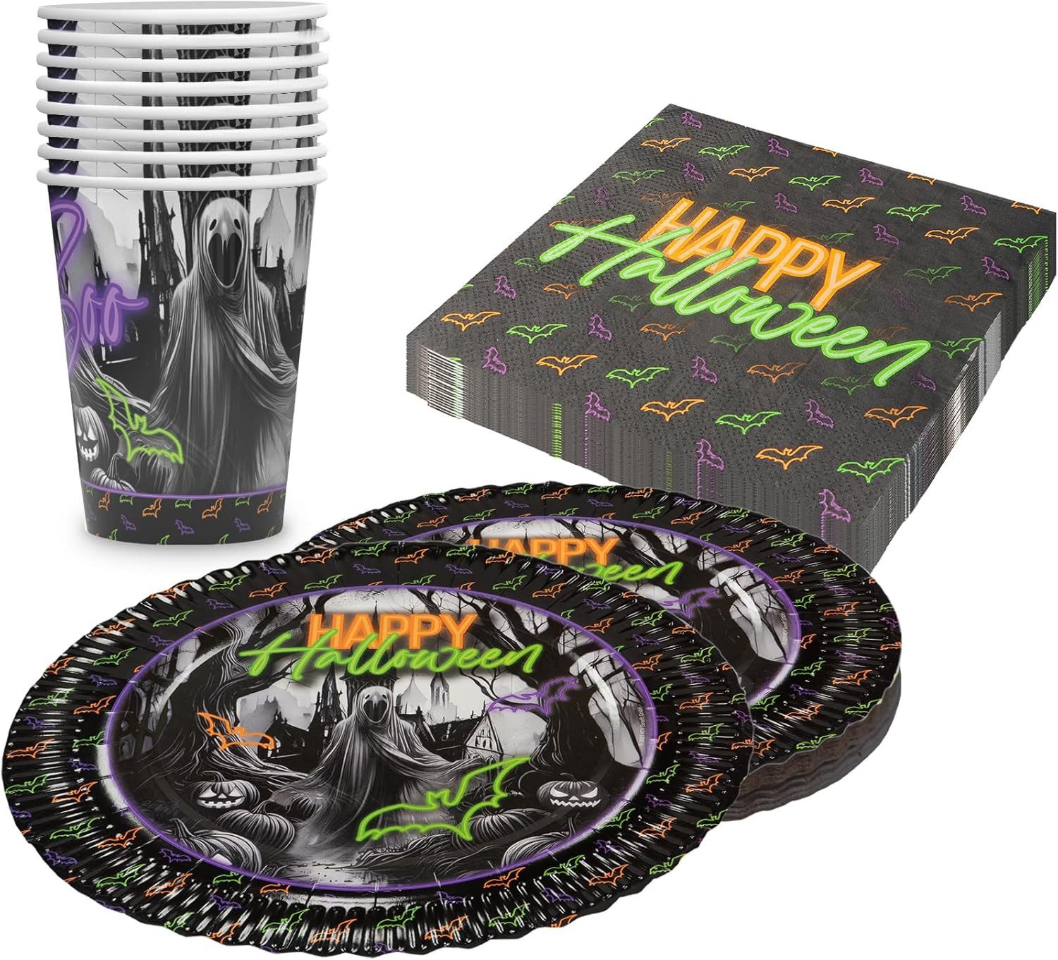 Party Factory Geschirr-Set Halloween Neon 3-Party-Set leuchtend gruselig mit Wow Effekt, 8 Personen, flurszierend - Ideal für Partys mit Schwarzlicht oder UV-Beleuchtung