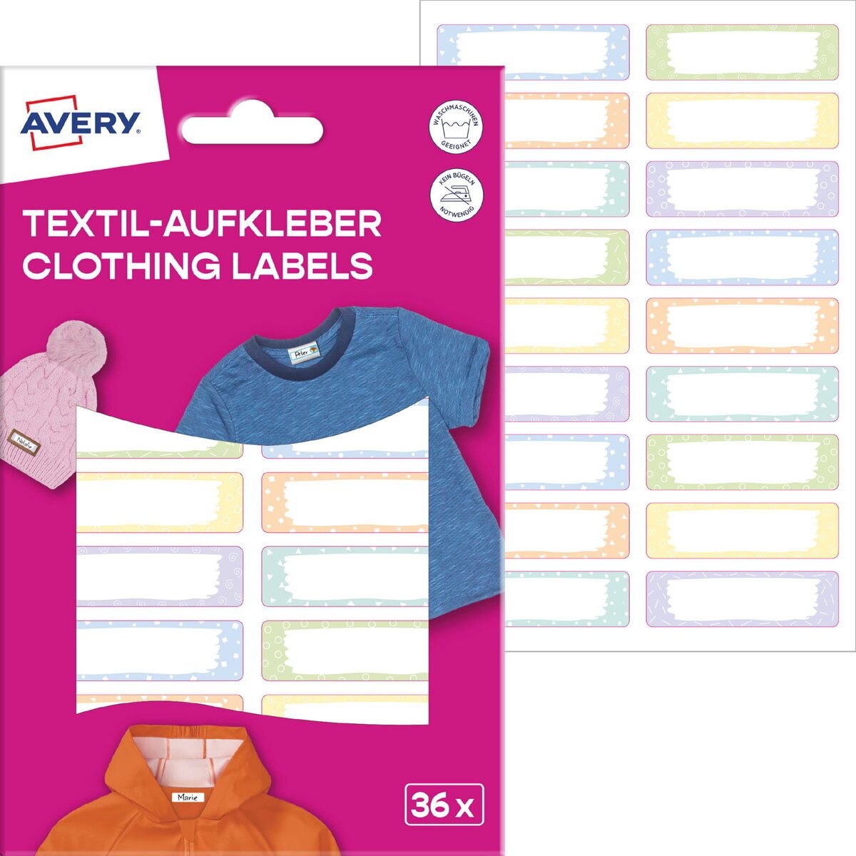 Avery Zweckform Etiketten Textilaufkleber 45x13mm 36 Stück Motiv pastell