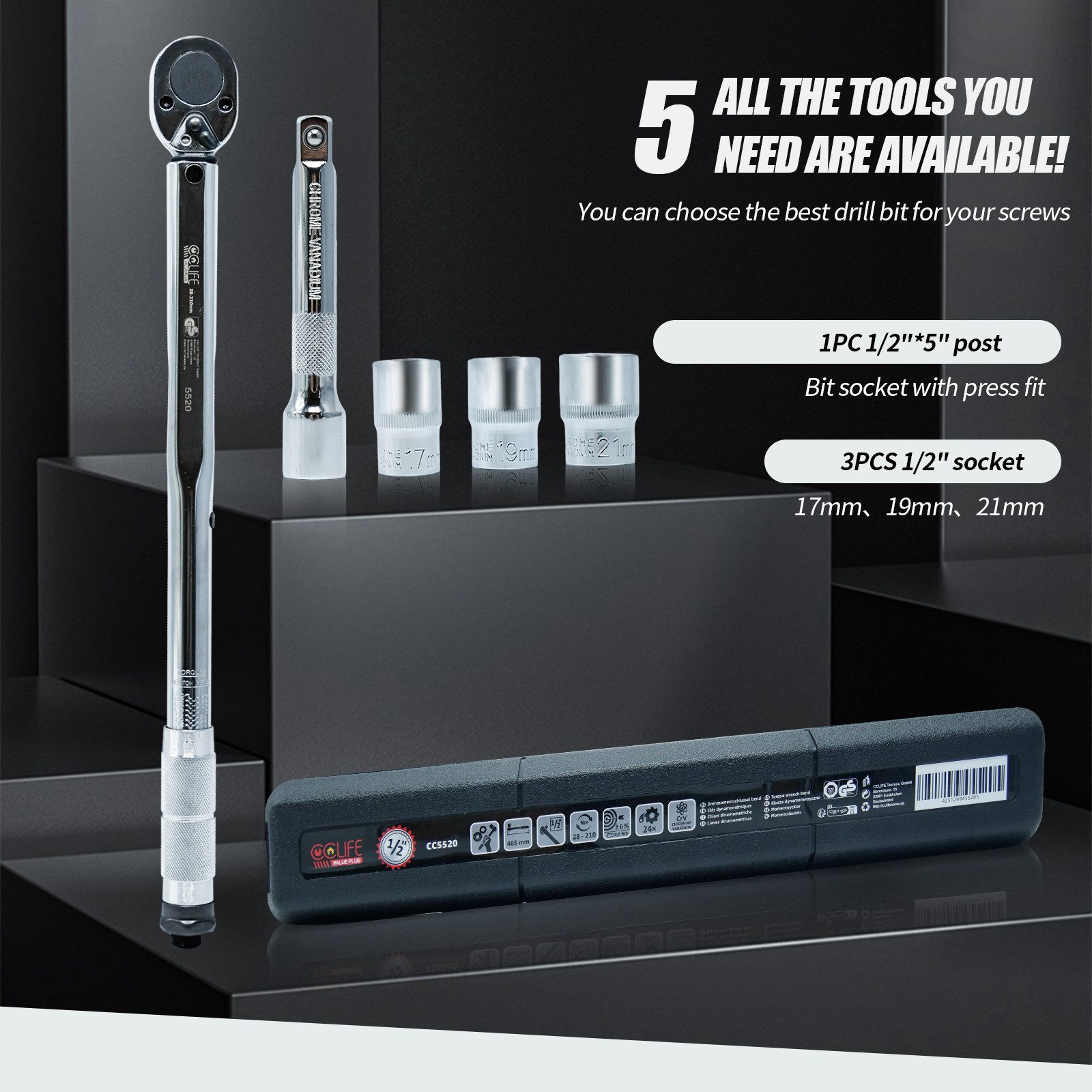 CCLIFE Drehmomentschlüssel Drehmomentschlüssel Auto Set im Koffer 1/2 Zoll 17mm 19mm 21mm Nüsse