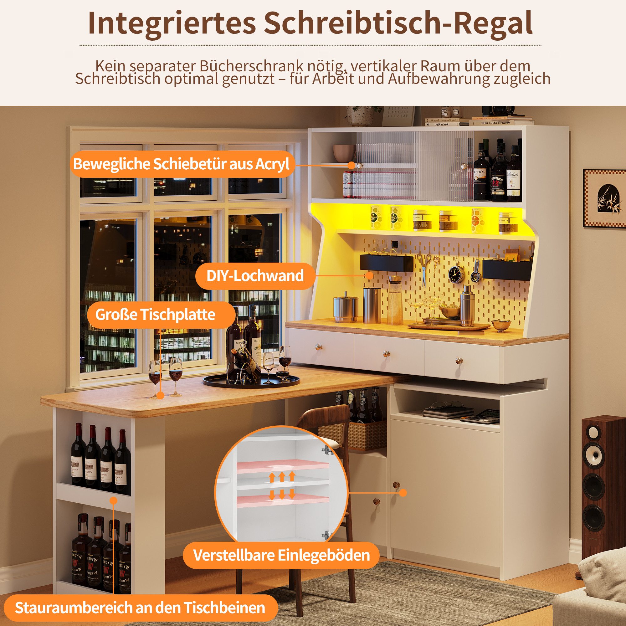 STILVORA Hochschrank mit Schubladen,Küchenschrank Aufbewahrungsschrank mit LED&Tisch (Küchenschrank – Hohes Küchenbuffet Weiß, 1-St., 137*45*178cm(L x B x H)