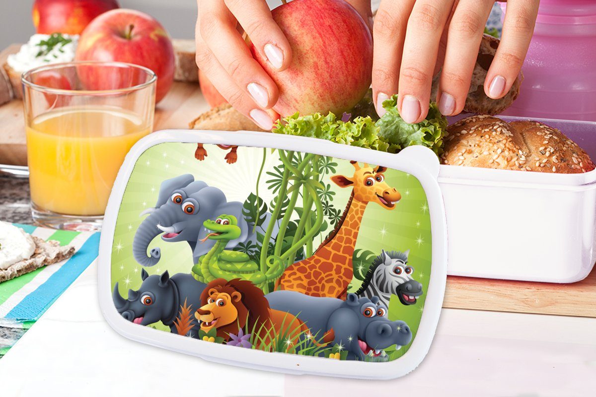 Dschungeltiere Kinder - Kunststoff, Löwe, - Mädchen MuchoWow Pflanzen (2-tlg), Brotdose, - - Erwachsene, und für und Brotbox Elefant - Kinder Giraffe weiß für Jungs Lunchbox