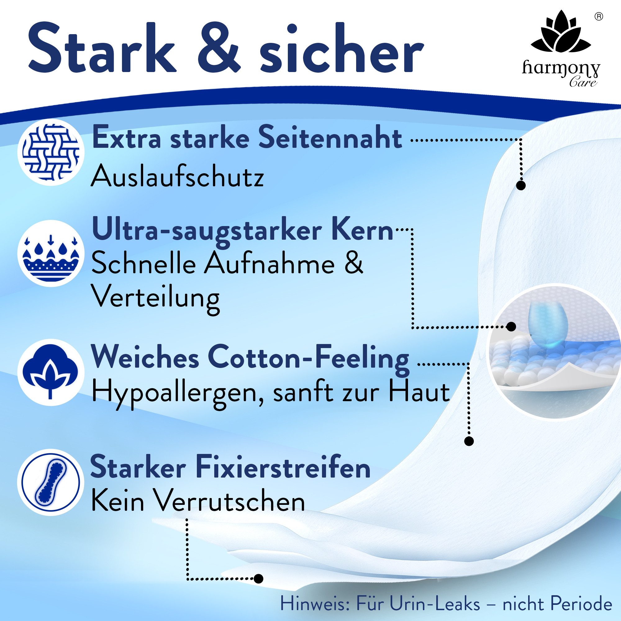 Harmony Care Inkontinenz-Einlage Harmony Care® Lady – Schutz & Komfort bei Blasenschwäche, mittlerer bis schwere Blasenschwäche, bis zu 800ml, 196-St., mit Auslaufschutz und Geruchskontrolle