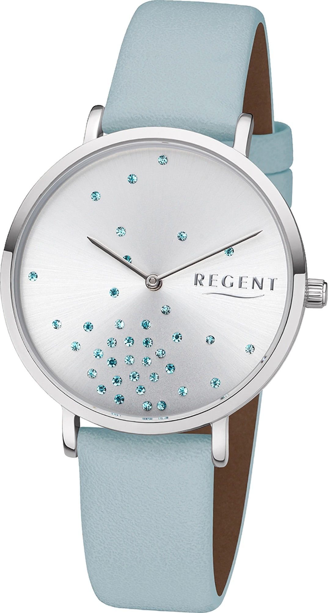 Regent Quarzuhr Regent Leder Damen Uhr BA-599 Armbanduhr, Damenuhr  Lederarmband hellblau, rundes Gehäuse, mittel (ca. 36mm)