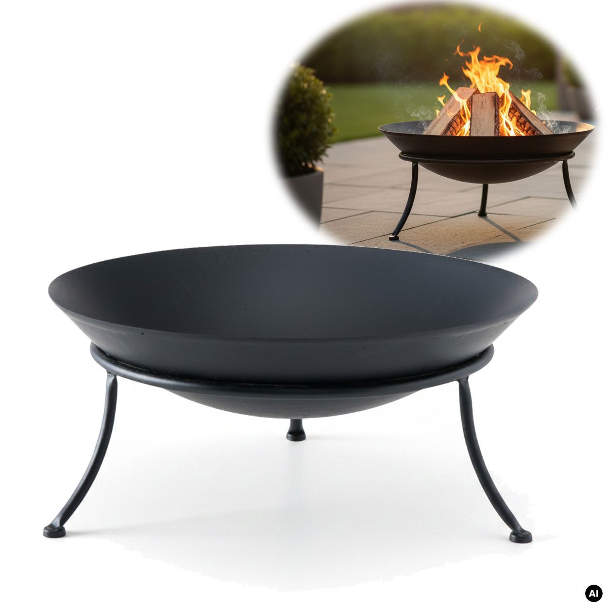 LS-LebenStil Feuerschale XL Eisen Schwarz 47cm Feuerkorb Terrassenfeuer Feuerstelle Gartenkamin, (für Stockbrot am Lagerfeuer, für Draußen Outdoor, Gartenfeuer, 1-St), oder auch als Pflanzschale für Garten und Terrasse