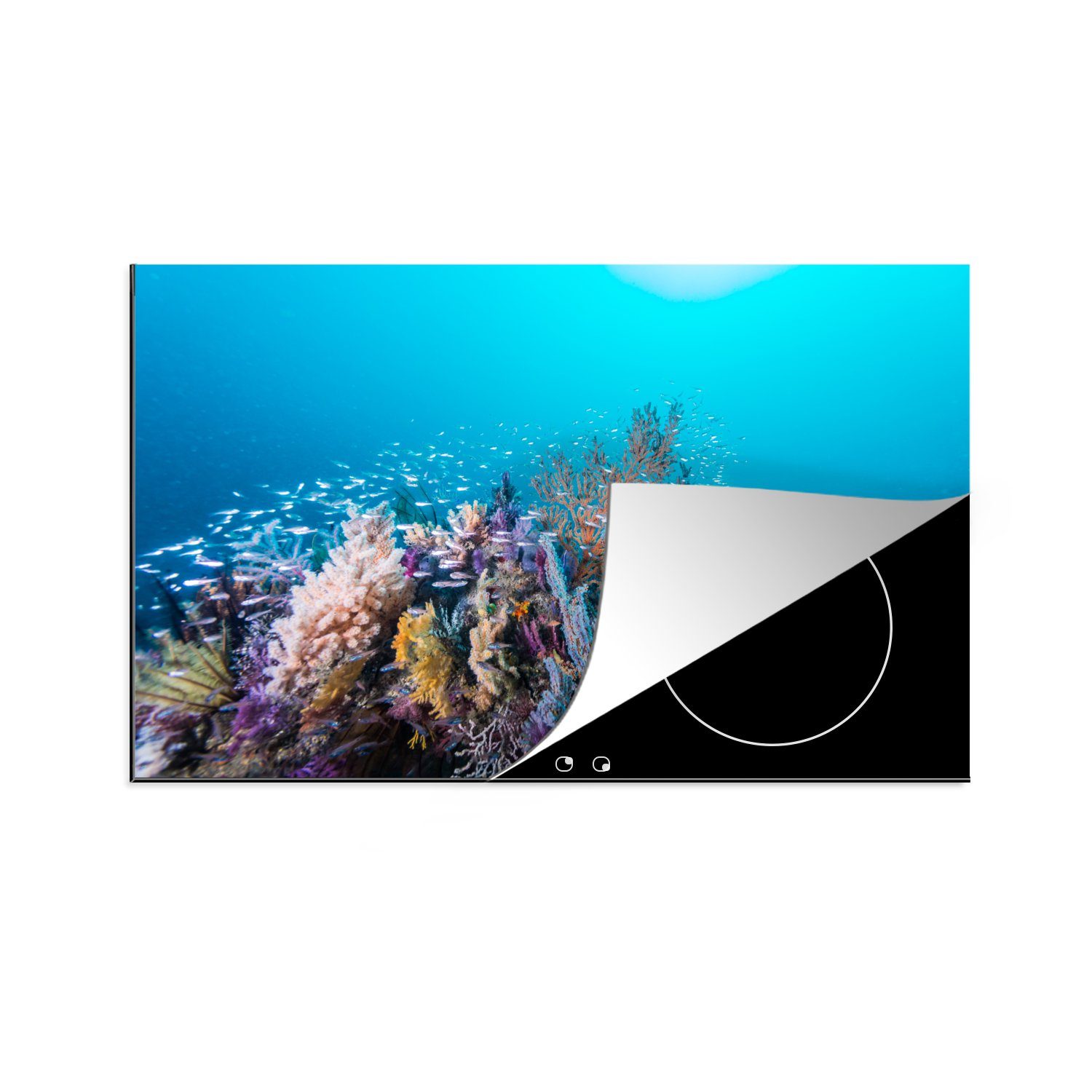 MuchoWow Herdblende-/Abdeckplatte Korallenriff in einem tiefblauen Meer, Vinyl, (1 tlg), 81x52 cm, Induktionskochfeld Schutz für die küche, Ceranfeldabdeckung