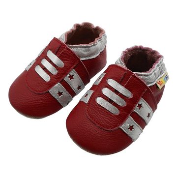 Yalion Weiche Leder Lauflernschuhe Hausschuhe Lederpuschen Streifen Rot Krabbelschuh