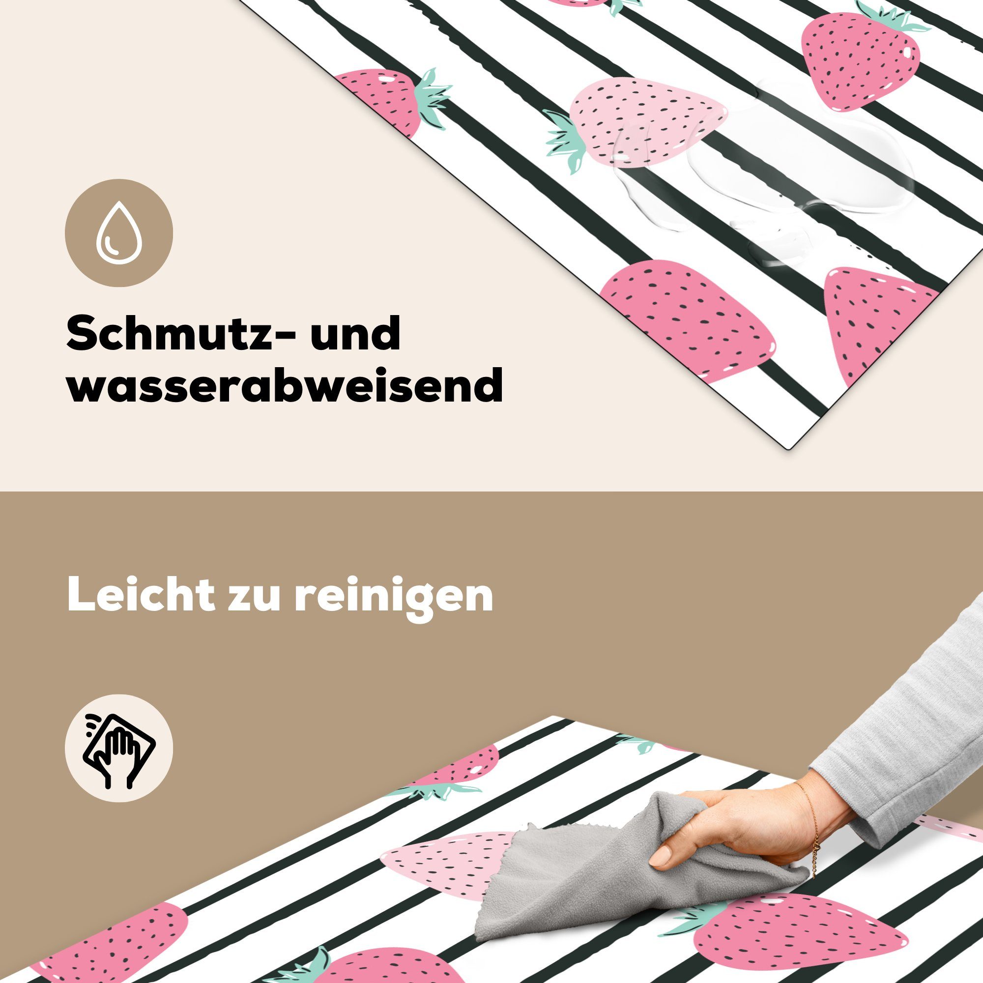 tlg), cm, küche Erdbeeren Streifen, Arbeitsplatte Vinyl, MuchoWow Herdblende-/Abdeckplatte 78x78 Rosa - Sommerlich (1 - Ceranfeldabdeckung, für -