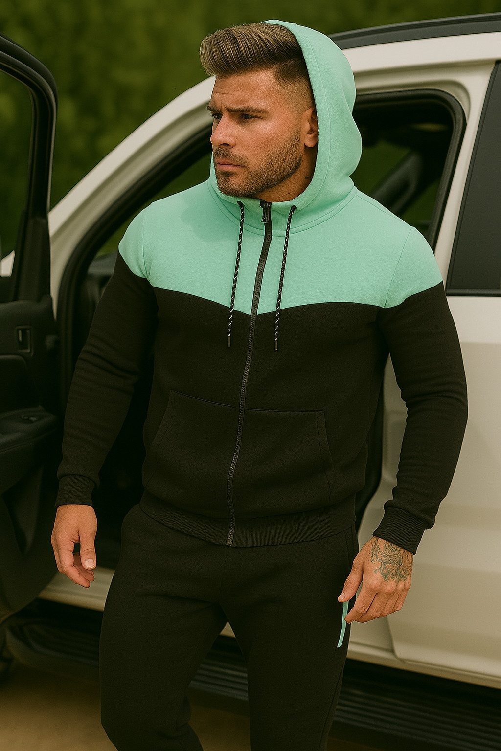 L.gonline Freizeitanzug Herren Jogginganzug, Freizeitanzug 984 schwarz/mint S (Kapuzenjacke mit Reißverschluss, Hose, 2-tlg), Fitness Freizeit Casual