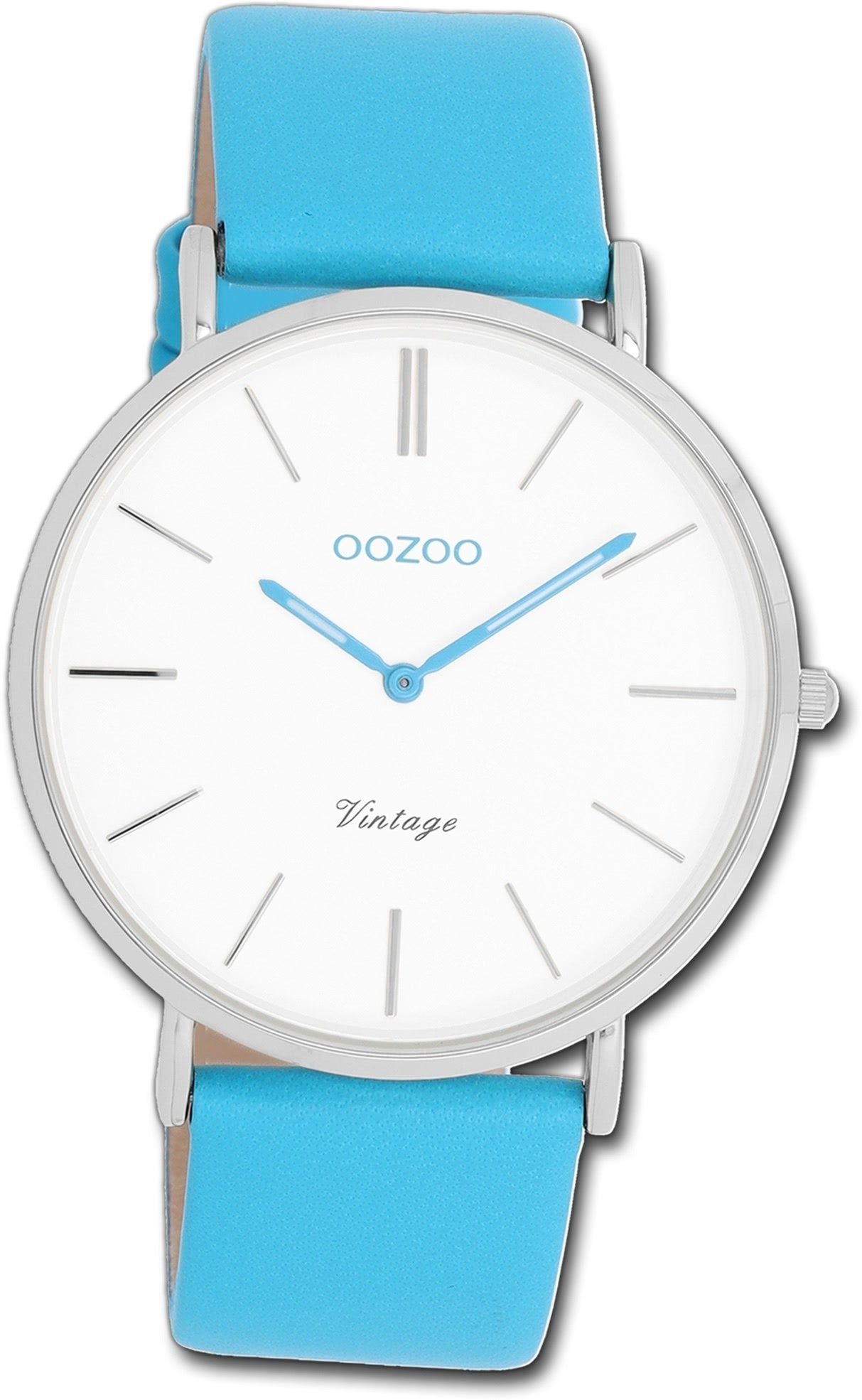 OOZOO Quarzuhr Oozoo Damen Armbanduhr Vintage hellblau, Damenuhr Lederarmband blau, rundes Gehäuse, groß (ca. 40mm)
