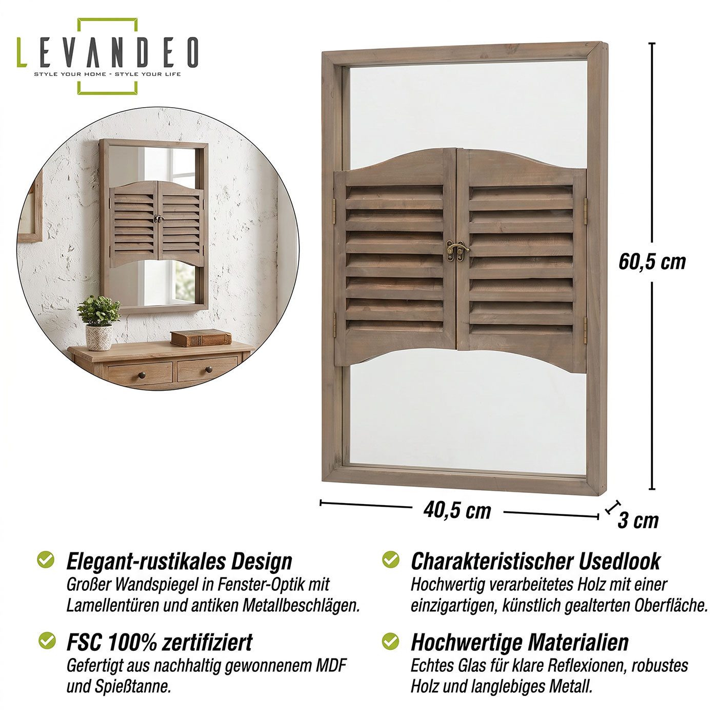 Levandeo® Wandspiegel, Wandspiegel Spiegel Fenster H60cm Holz Braun Shabby Chic Vintage