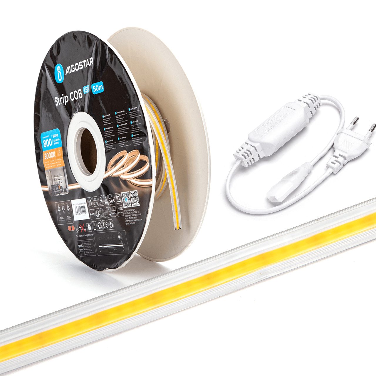 Aigostar LED Stripe COB LED Strip Streifen Flexibel 10 mm P65 für innen und Außenbereich, COB-Technologie, durchgehend licht, alle 50 cm kürzbar, 230V