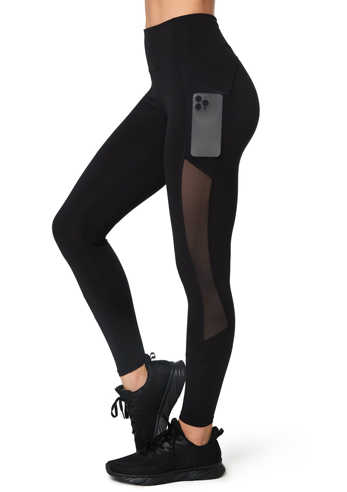 Leggings Damen Mesh Sport Leggings mit Taschen, hight wiast