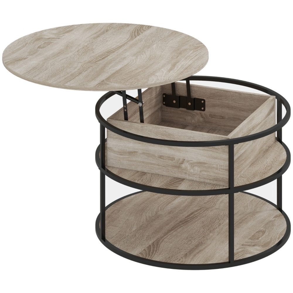 MODFU Couchtisch Wohnzimmertisch Rund Eiche mit Stauraum und Hebefunktion (Packung, 1-St., Sofatisch modernes Design für Wohnzimmer und Lounge Bereich), Kaffeetisch mit Regalflächen und stabilem Stahlgestell