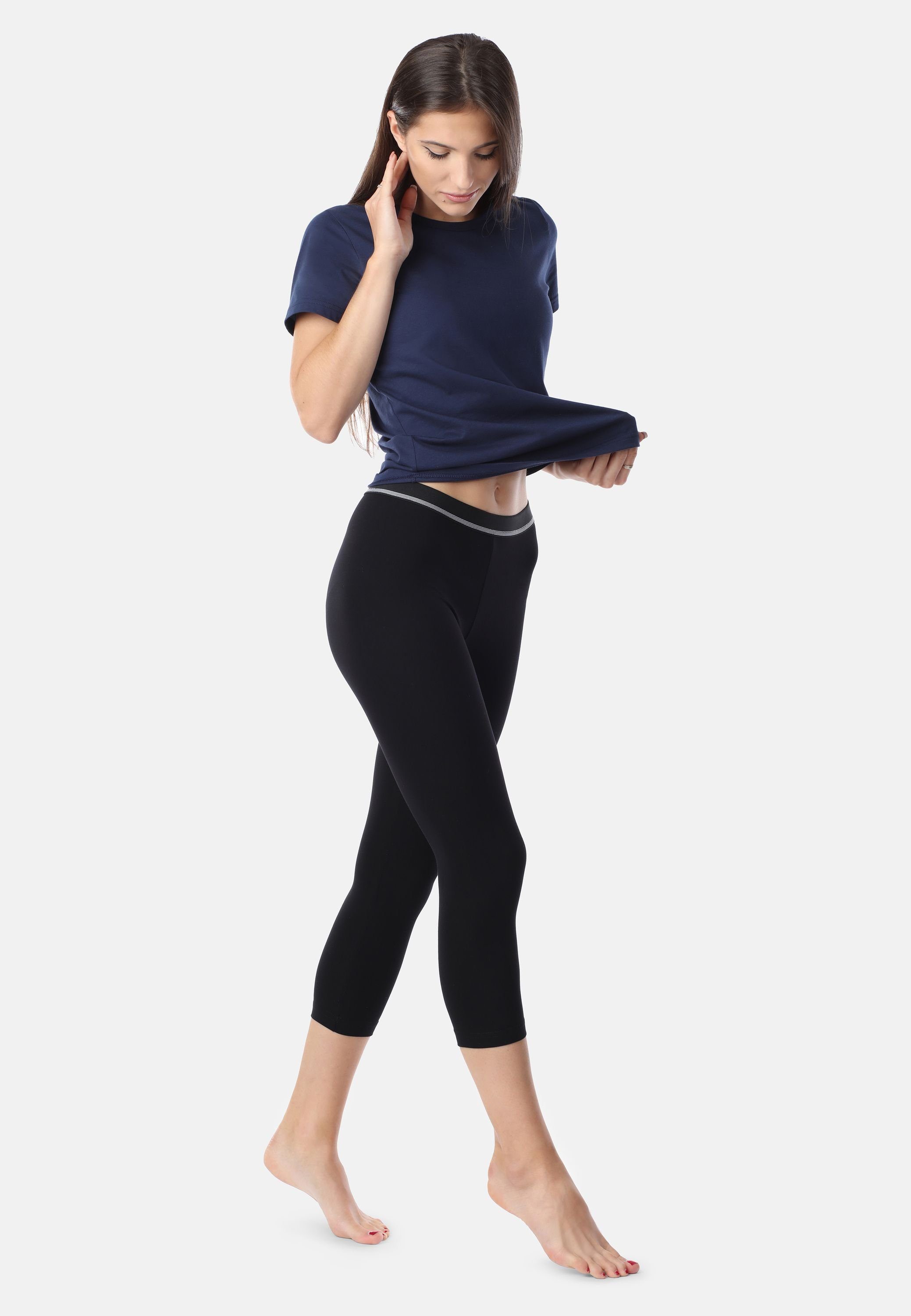 mit Damen Schwarz Capri Bund (1-tlg) Bellivalini elastischer Leggings BLV50-181 3/4 Ziergummi Leggings