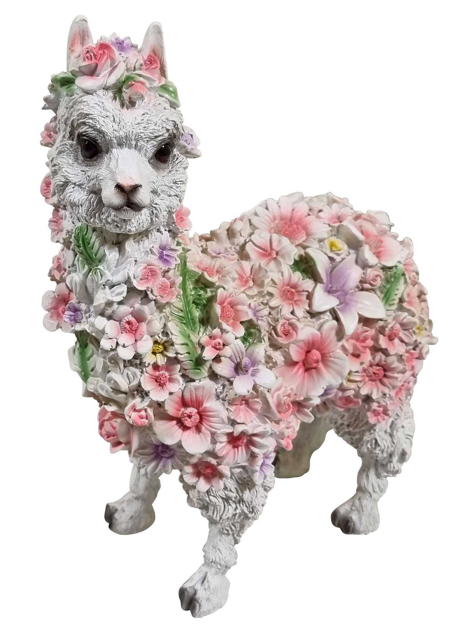 Fachhandel Plus Gartenfigur Alpaka weiß mit Blumen, (1 St), Garten-Dekofigur für den Innen- und Außenbereich