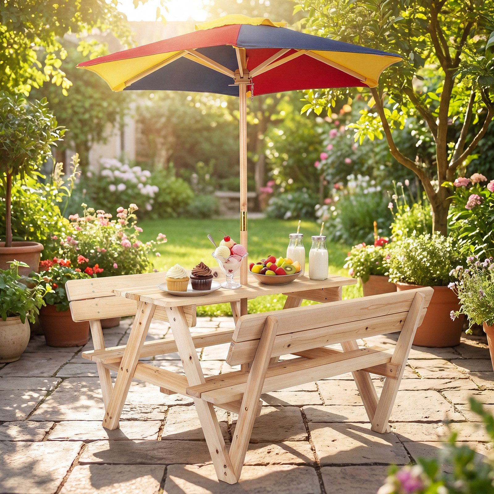 COSTWAY Garten-Kindersitzgruppe, Picknicktisch Kinder mit Sonnenschirm
