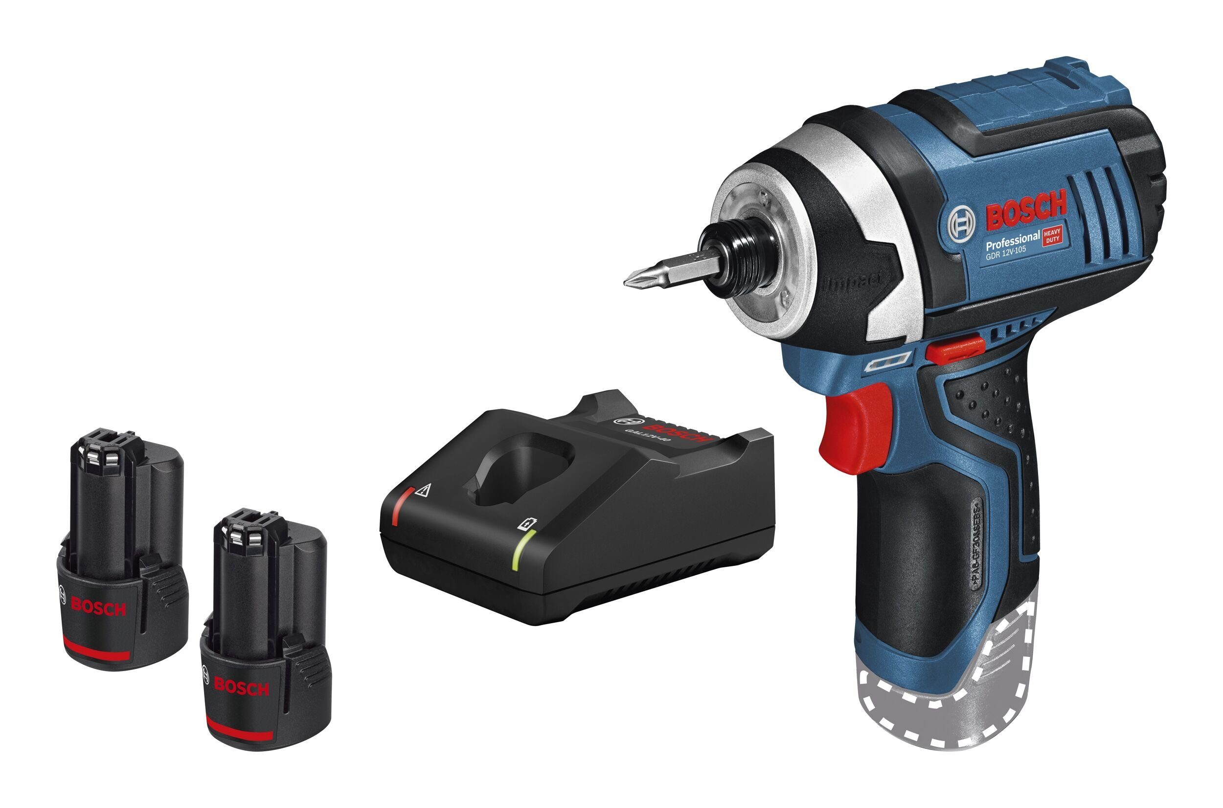 Bosch Professional Akku-Schlagschrauber GDR 12V-105, 2600 U/min, 105 Nm, Drehschlagschrauber mit 2x Akku 2 Ah - in L-BOXX 102