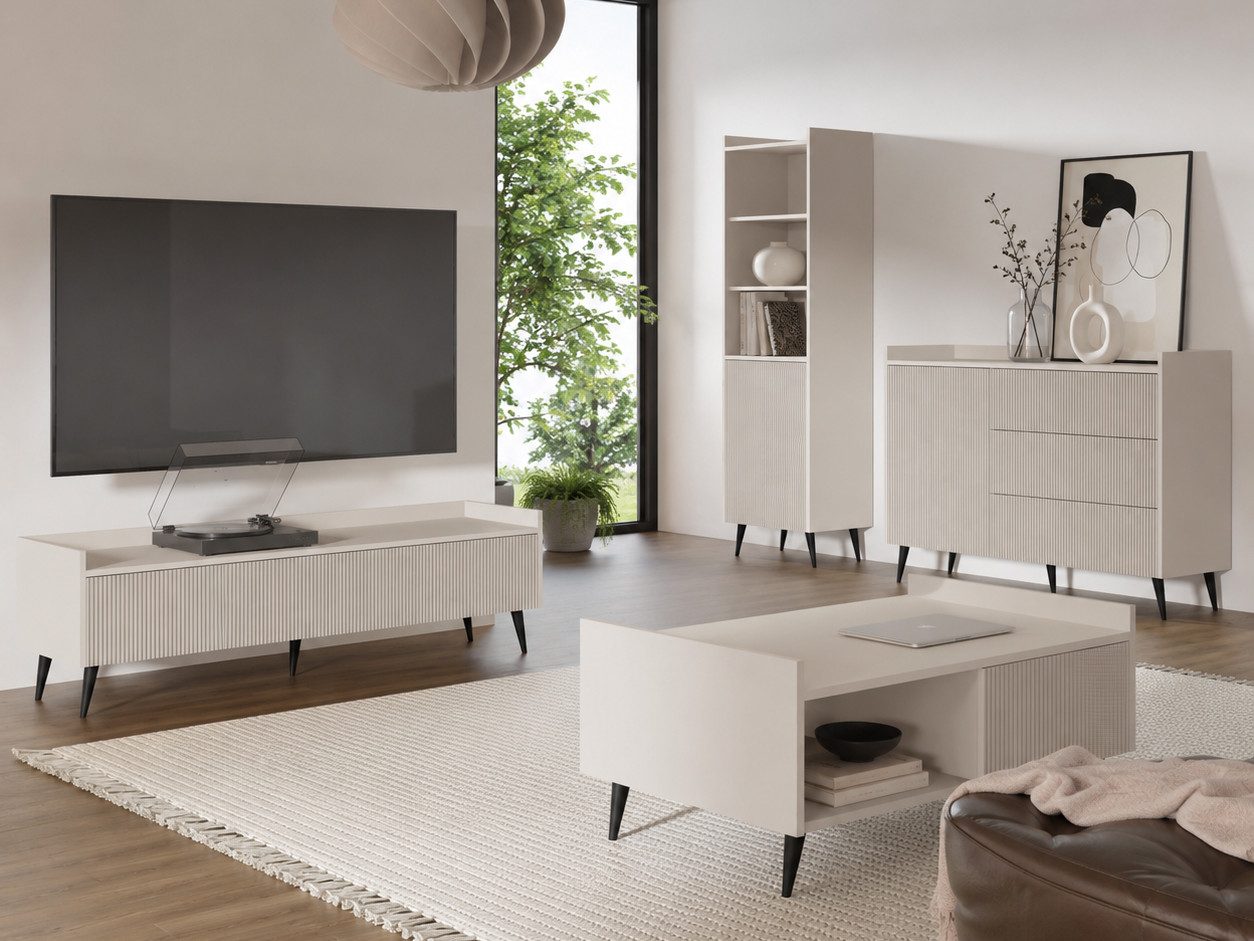 Beautysofa Wohnzimmer-Set AMFALI 4-teilig – TV-Schrank, Kommode, Regal & Couchtisch, (mit Rillenfronten, Push-to-open und schwarzen Metallbeinen), Frühlings-Eiche, Nussbaum oder Cashmere