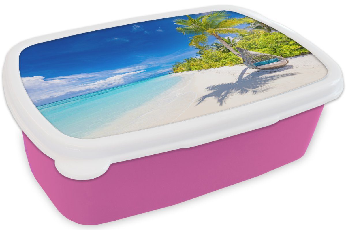 MuchoWow Lunchbox Strand - Palme Kunststoff - rosa Hängesessel, Brotdose Kunststoff, Erwachsene, für Mädchen, Brotbox (2-tlg), Kinder, Snackbox