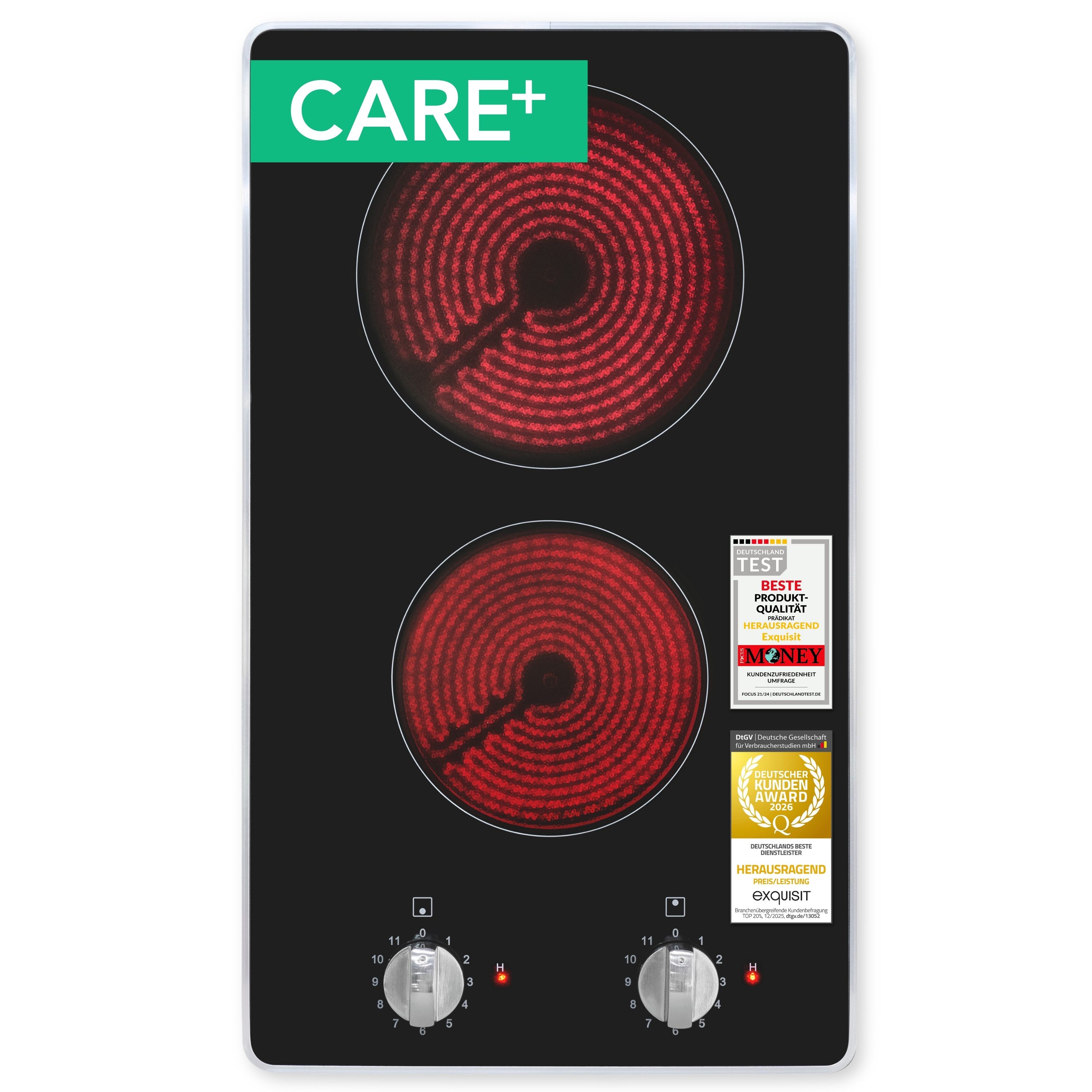 exquisit Elektro-Kochfeld EKC300-RK-420Care, 2 Kochstellen, Strahlungskochzonen, Drehknopf Bedienung, 11 Stufen