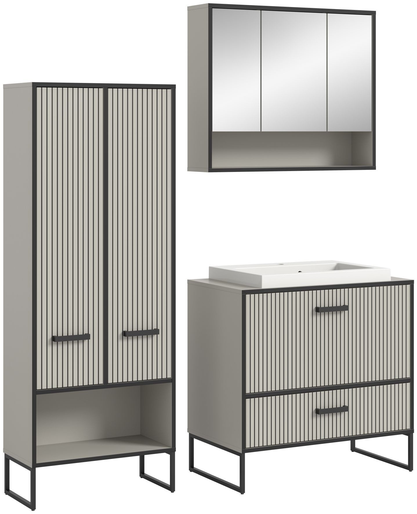 xonox.home Badmöbel-Set, (3tlg. Set Hochschrank, Spiegelschrank, Waschtisch Waschbecken), Kaschmir Nachbildung Softclose Melamin Modern 154x192x48 cm