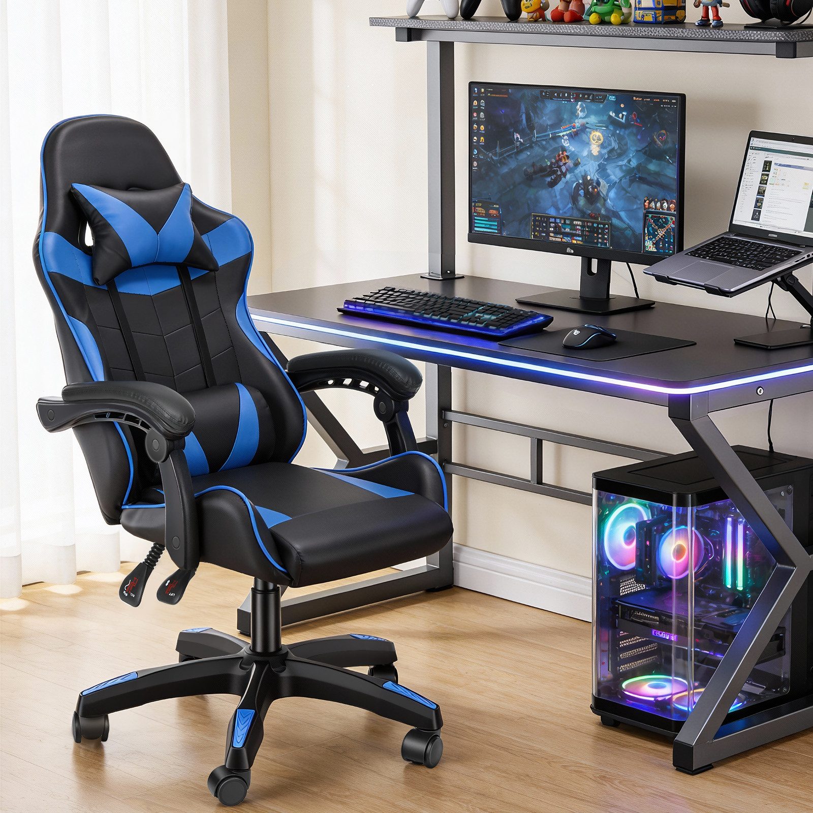 oyajia Gaming-Stuhl Gaming Stuhl, Bürostuhl Ergonomisch Wippfunktion bis zu 135° (mit Kopfstütze und Lendenkissen), Rückenlehne und Sitzfläche kippbar,Gamingstuhl mit Höhenverstellung
