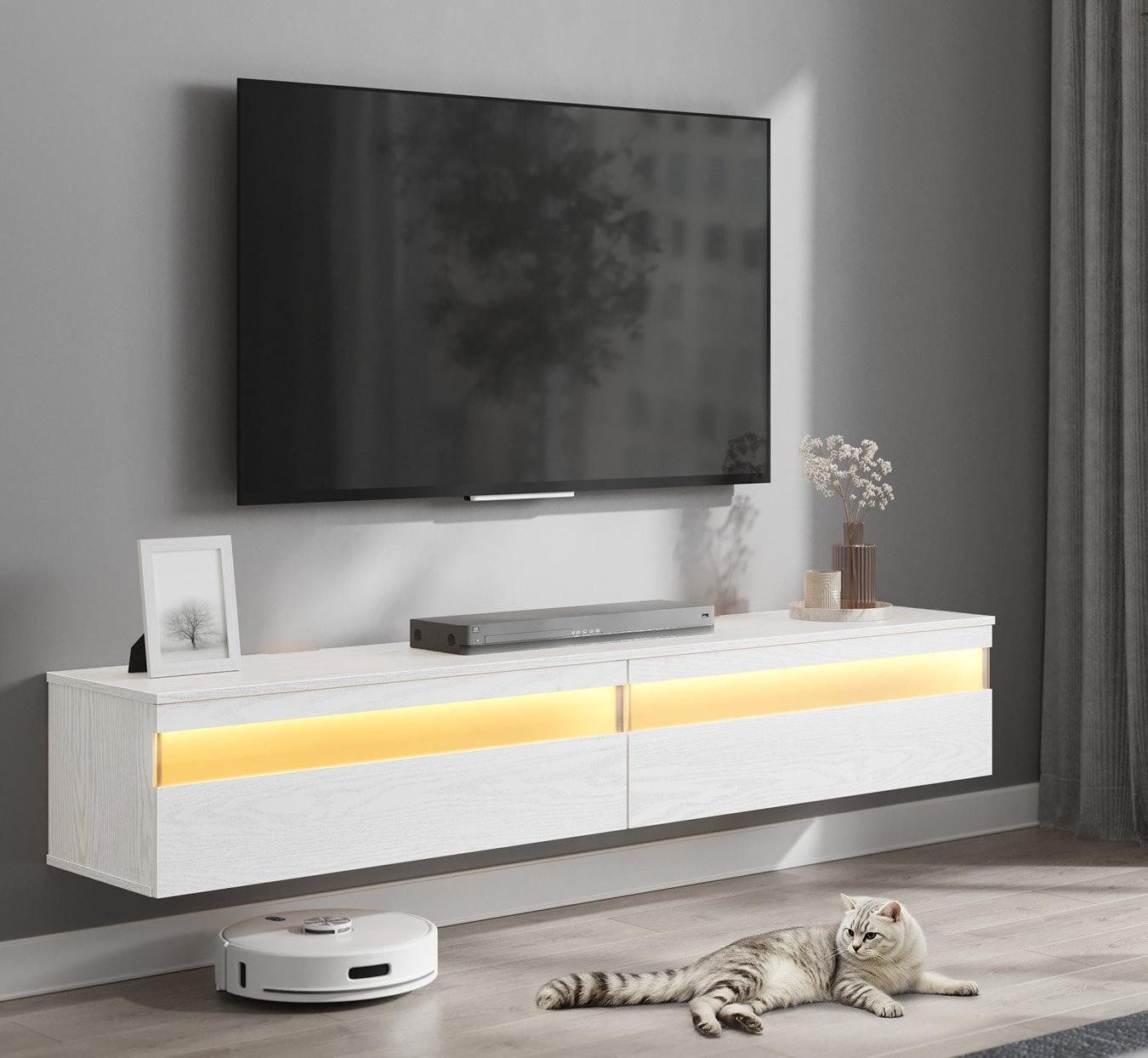 VASAGLE TV-Schrank TV-Board hängend, 7 Lichtfarben, mit Ladestation, Breite 147/178 cm