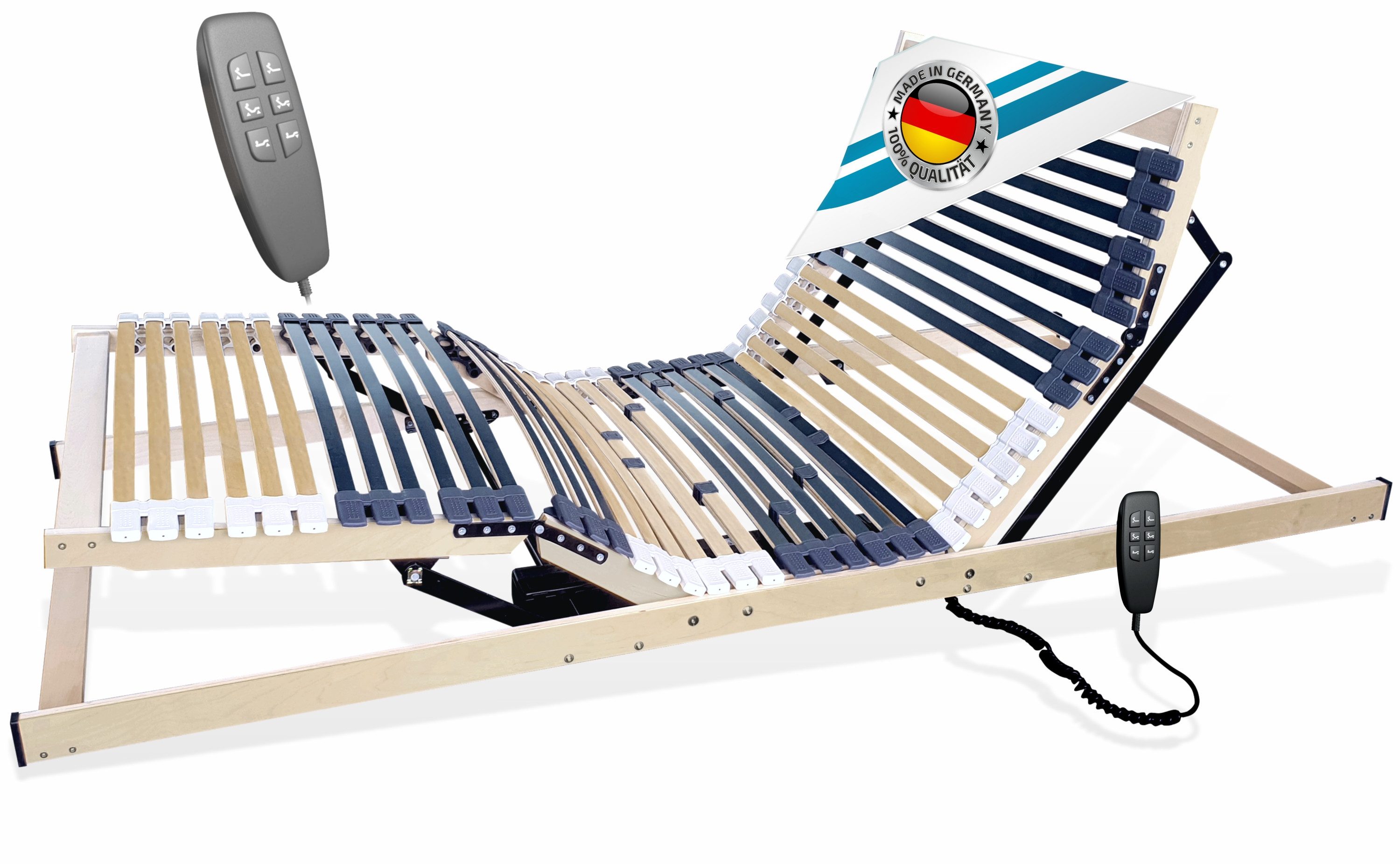 Lattenrost mit Motor bis 250 Kg Tragkraft, elektrisch Motorrahmen mit 7 Liegezonen, Matratzen Perfekt, Kopfteil Motorisch Verstellbar, Fußteil Motorisch Verstellbar, Notabsenkung, Made in Germany, MONTIERT, Lieferung mit DHL Spedition, Größen 90x200cm, 100x200cm, 140x200cm, 120x200cm, 80x200cm, 90x190cm