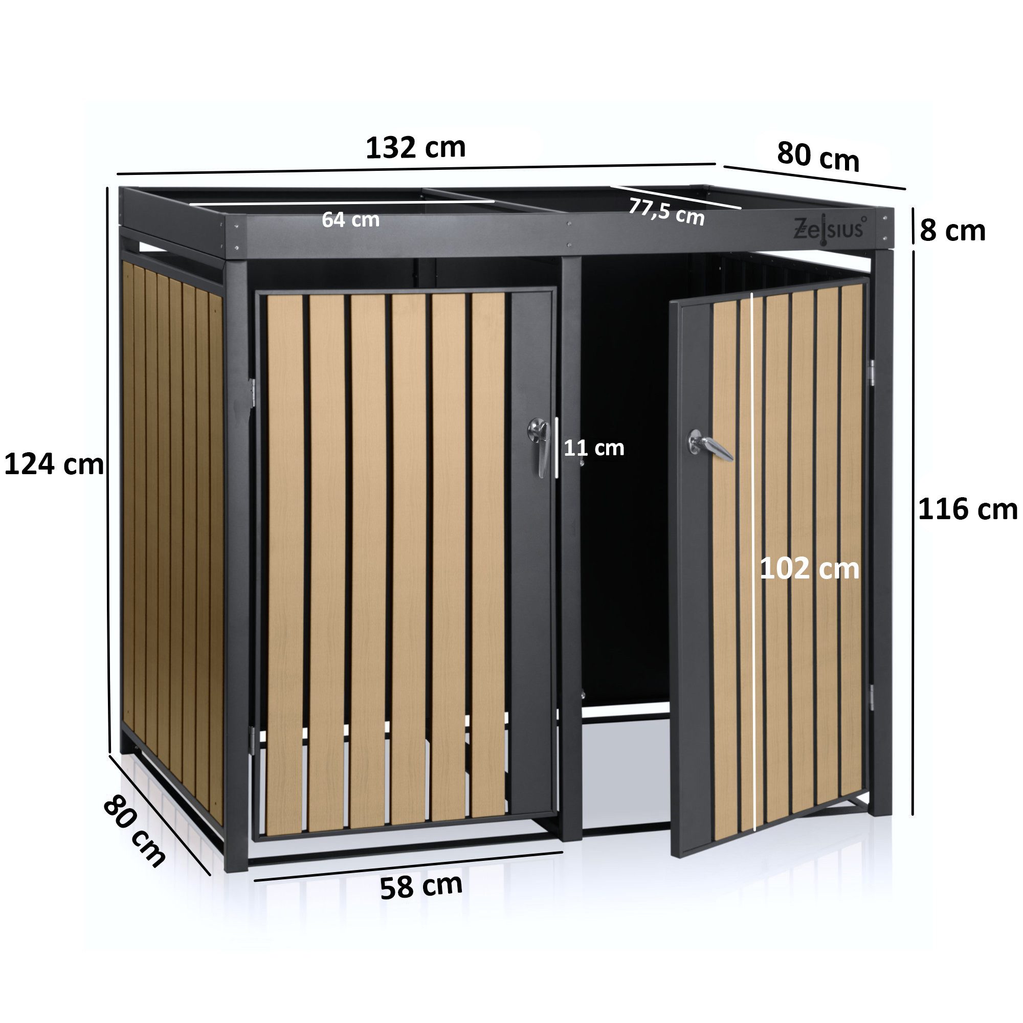Zelsius Mülltonnenbox mit Pflanzdach, für 2 Mülltonnen, Anthrazit RAL 7016, Tür Holzoptik