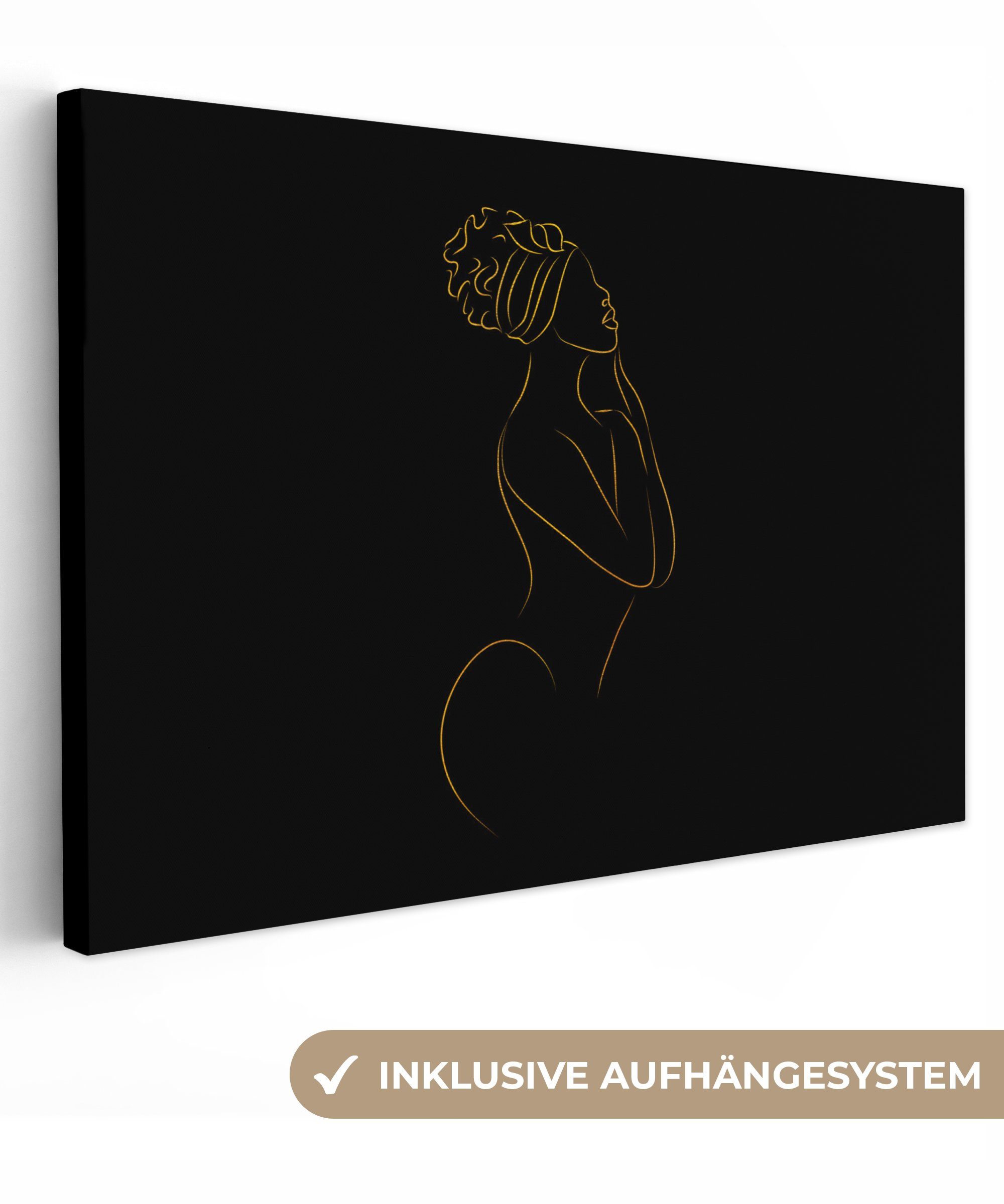 OneMillionCanvasses® Leinwandbild Frau - Schwarz und Gold - Strichzeichnung, (1 St), Wandbild Leinwandbilder, Aufhängefertig, Wanddeko, 30x20 cm