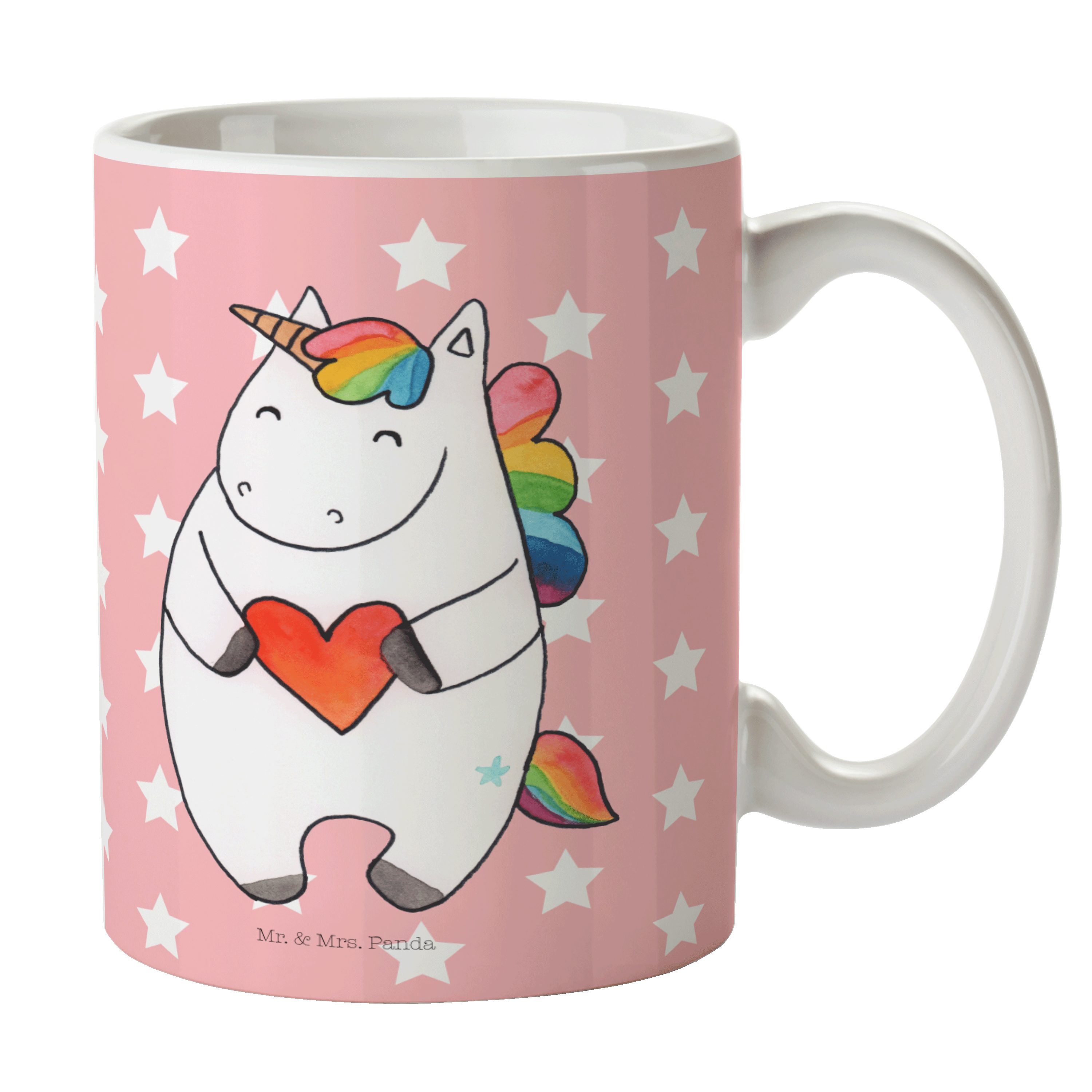 Mr. & Mrs. Panda Tasse Einhorn Herz - Rot Pastell - Geschenk, Freundin, Geschenk Tasse, Tass, Keramik