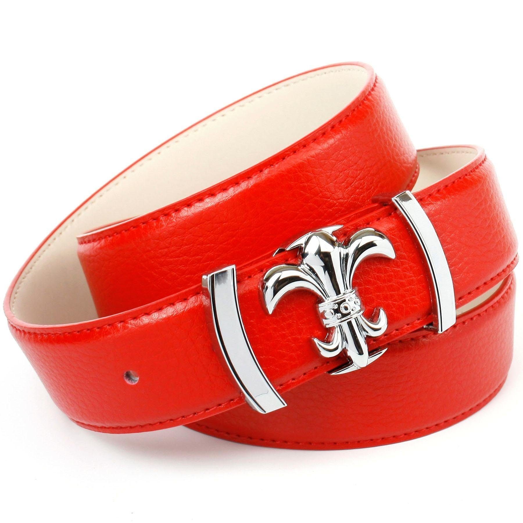 Anthoni Crown Ledergürtel mit Lilien-Schließe, abgesteppte Ränder rot