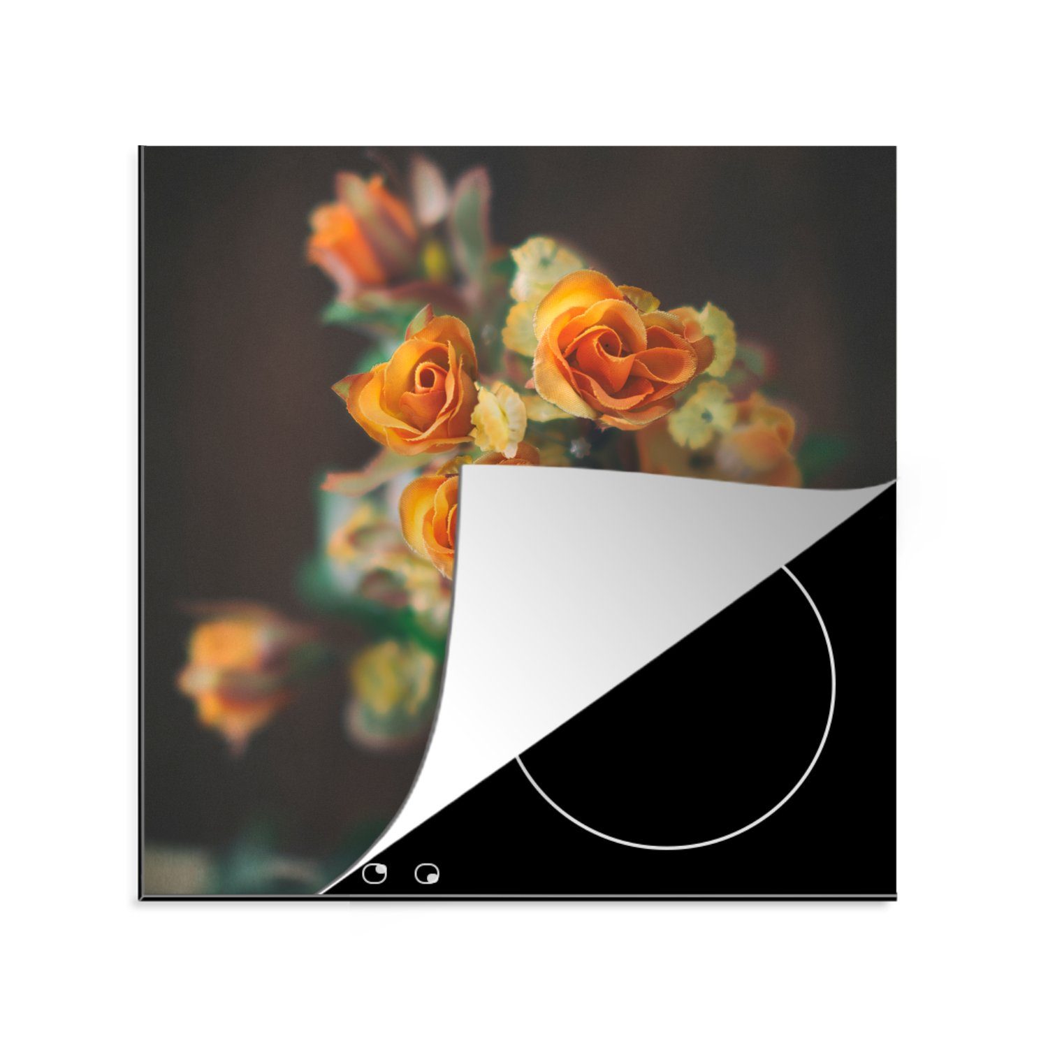 Rosen - (1 cm, - tlg), Orange Herdblende-/Abdeckplatte MuchoWow Vinyl, Arbeitsplatte Blumen, für 78x78 küche Ceranfeldabdeckung,