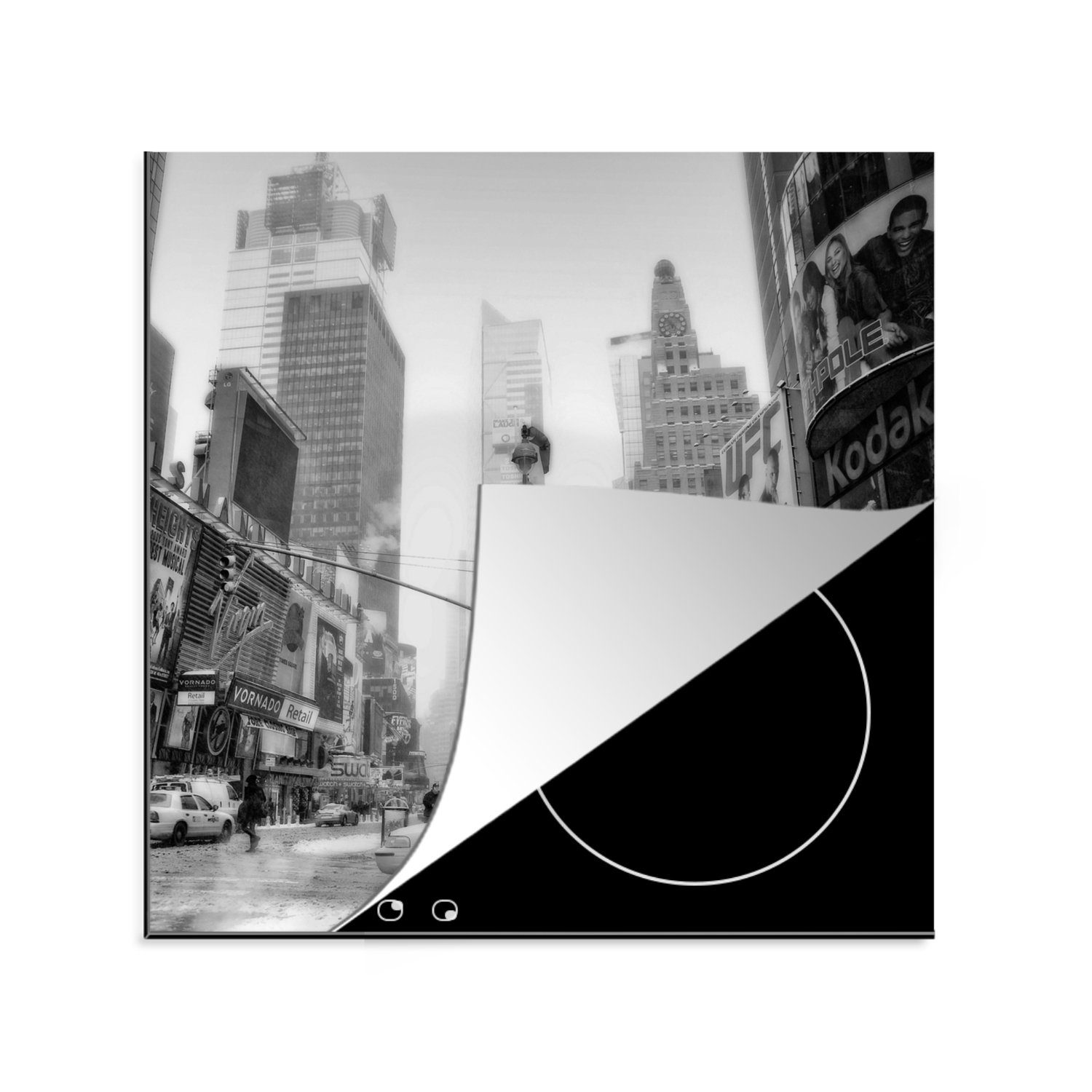 MuchoWow Herdblende-/Abdeckplatte Taxi in New-York - schwarz und weiß, Vinyl, (1 tlg), 78x78 cm, Ceranfeldabdeckung, Arbeitsplatte für küche