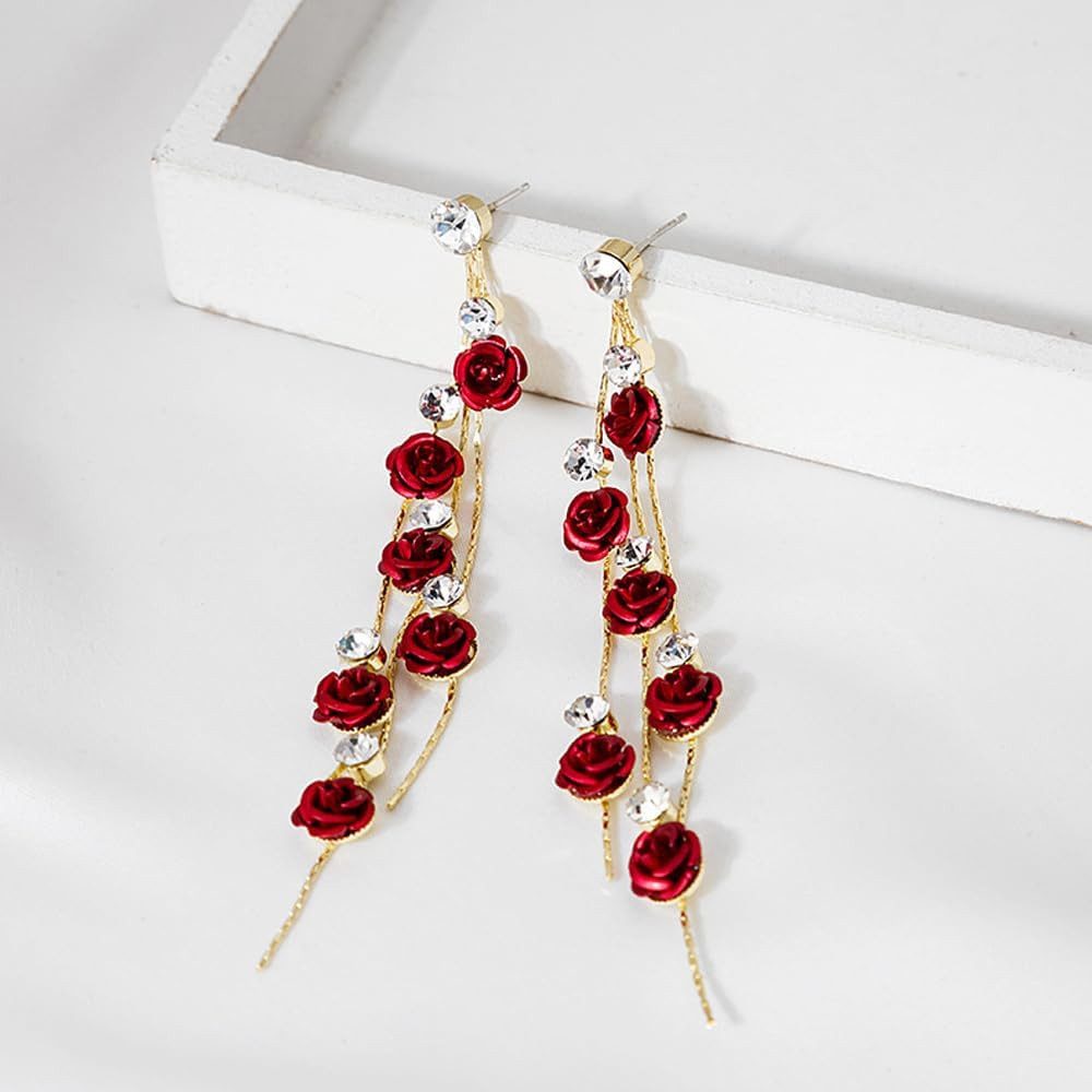 RWEUOQ Paar Ohrstecker Rote Rosen-Tassel-Ohrringe mit günstig online kaufen
