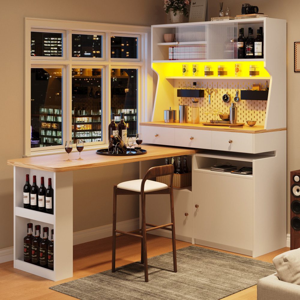 BBWL Hochschrank mit Schreibtisch & Bartisch, LED App-Steuerung, Pegboard, Glas Multifunktionaler Hochschrank, verstellbare Böden, MDF Büro Wohnmöbel
