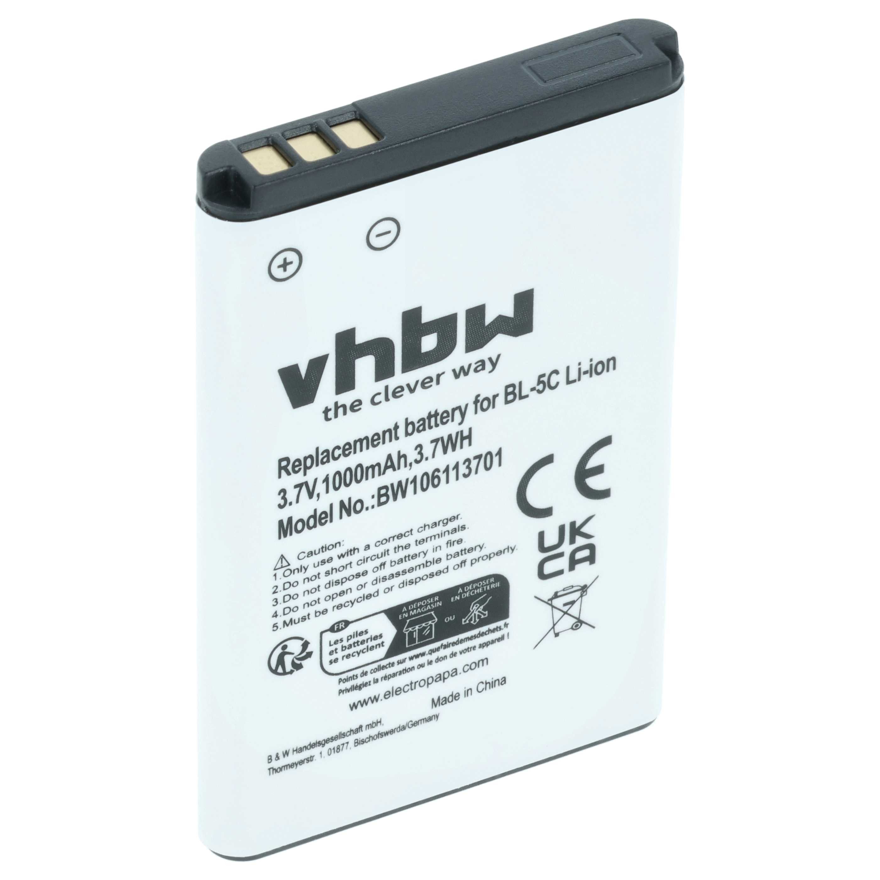 vhbw Akku Ersatz für BBK BK-BL-5C, BL-OS4, BP-MPB16, BP-75LI für Mobilfunk Smartphone-Akku Akku Li-Ion 1000 mAh (3,7 V, 1 St), Leistungsfähiger Austausch-Akku für Telefon, Smartphone