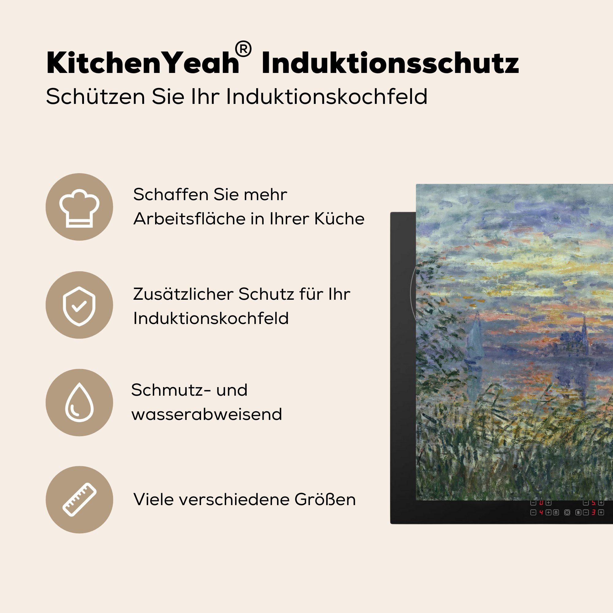 an Claude Herdblende-/Abdeckplatte Monet, (1 MuchoWow tlg), Seine cm, Arbeitsplatte Vinyl, für küche - 78x78 Ceranfeldabdeckung, der Sonnenuntergang