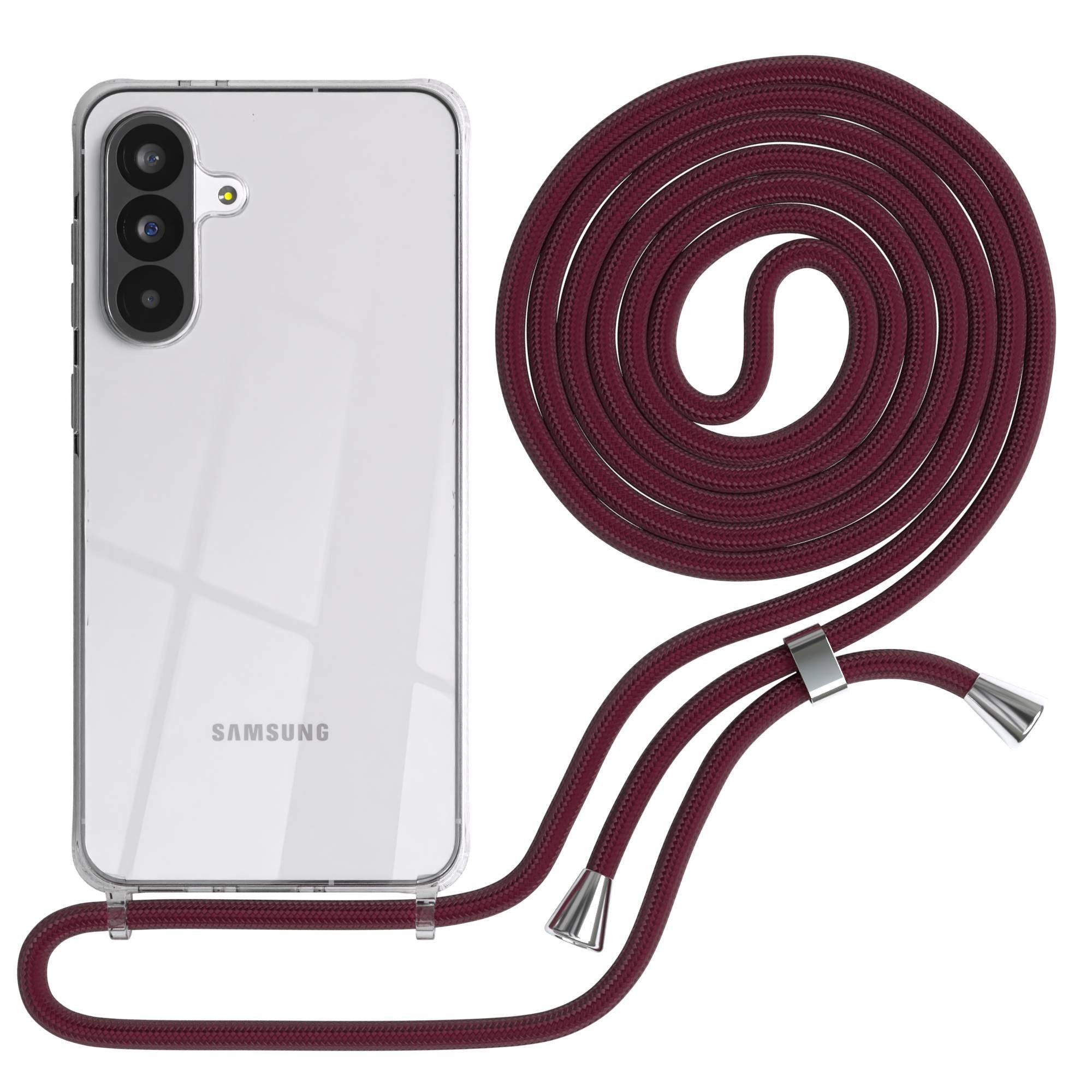 EAZY CASE Handykette Hülle mit Kette für Samsung Galaxy A56 6,7 Zoll, Silikonhülle durchsichtig mit Umhängeband Handytasche Bordeaux Rot