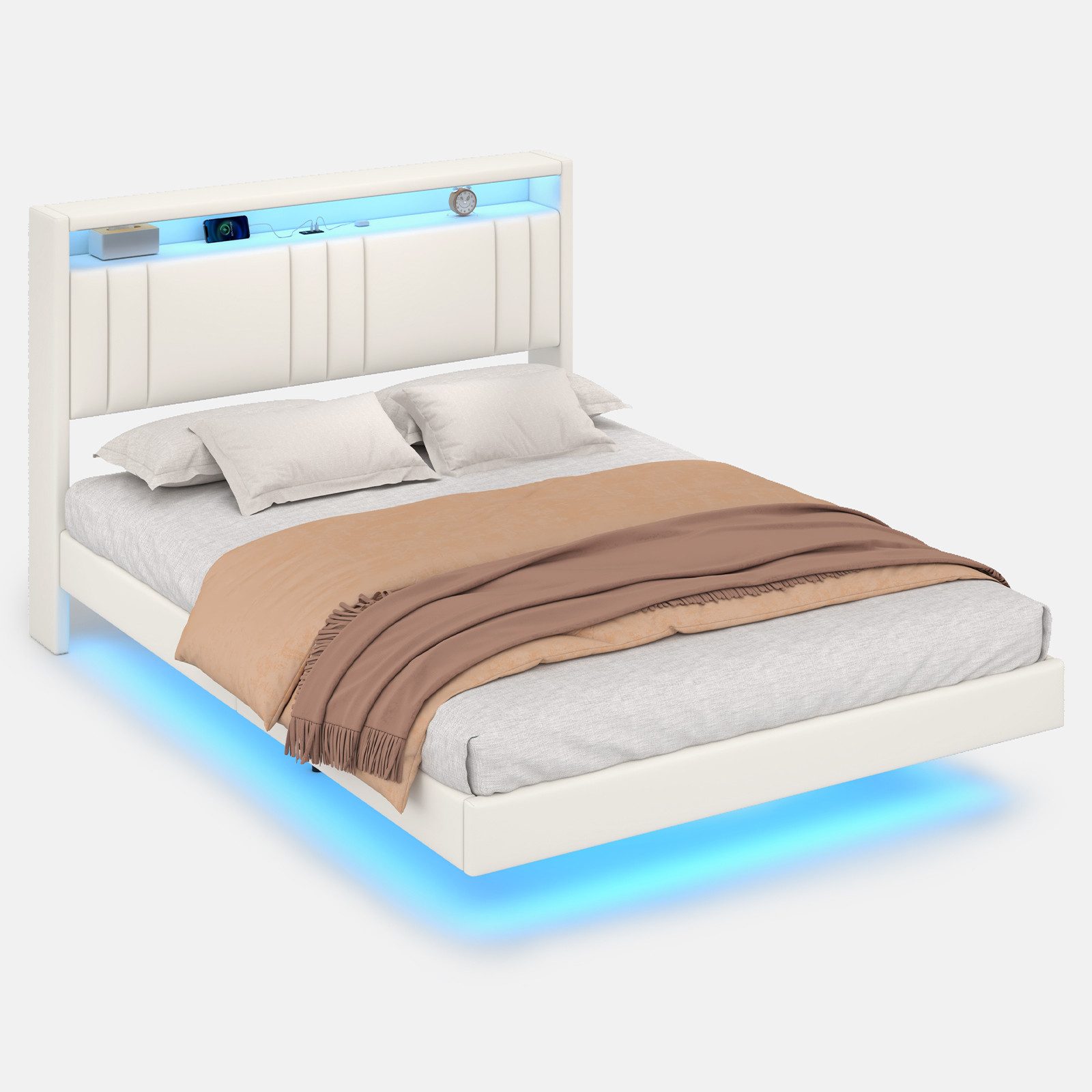 KIMENICH Polsterbett Schwebendes Doppelbett, Jugendbett mit RGB LED-Beleuchtung (Ohne Matratze), Kopfteil mit Stauraum und USB-C Ladestation, 140x200cm