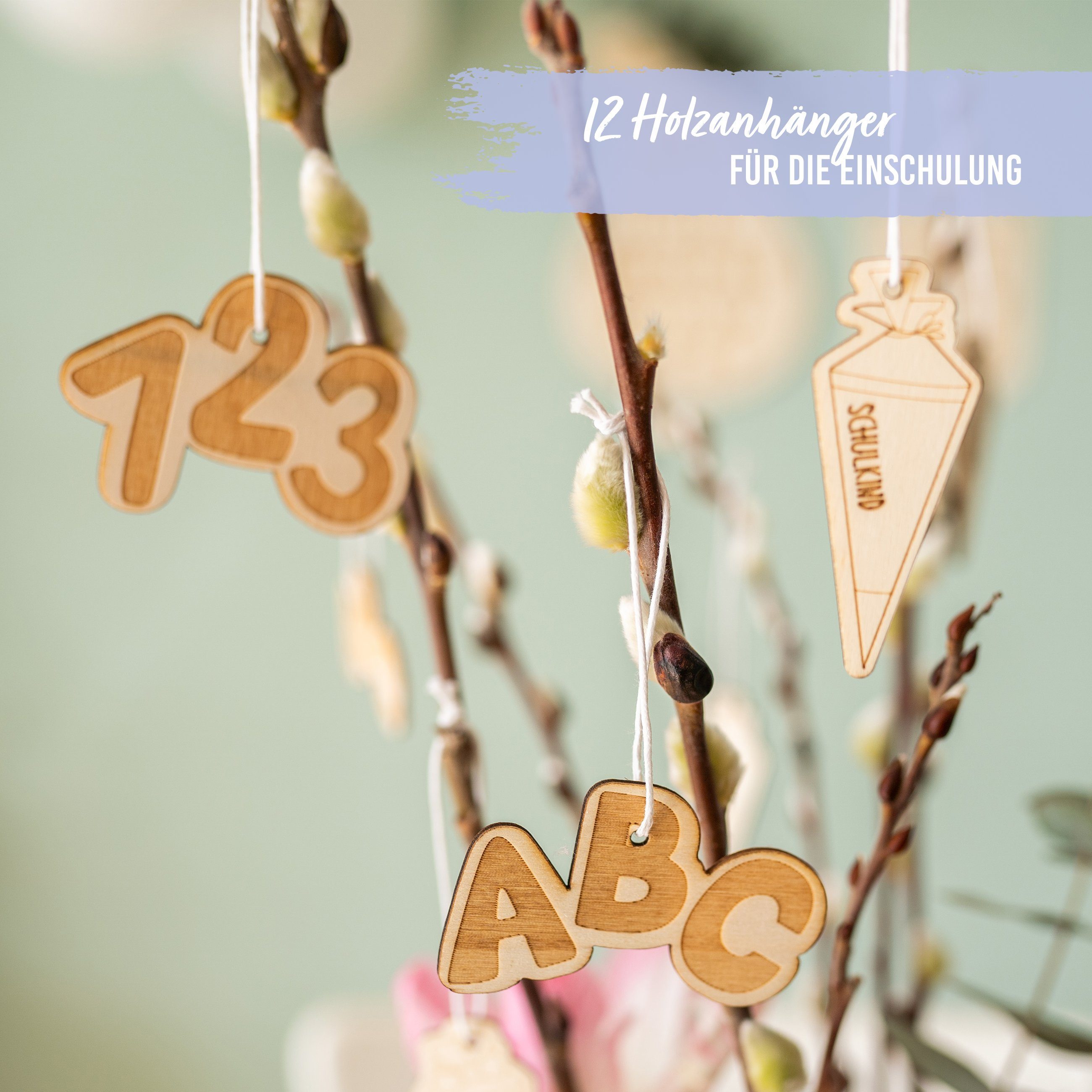 PAPIERDRACHEN Hängedekoration 12 Holzanhänger zur Einschulung - 1.Klasse - festliche Dekoration, Dekoration aus Pappelholz