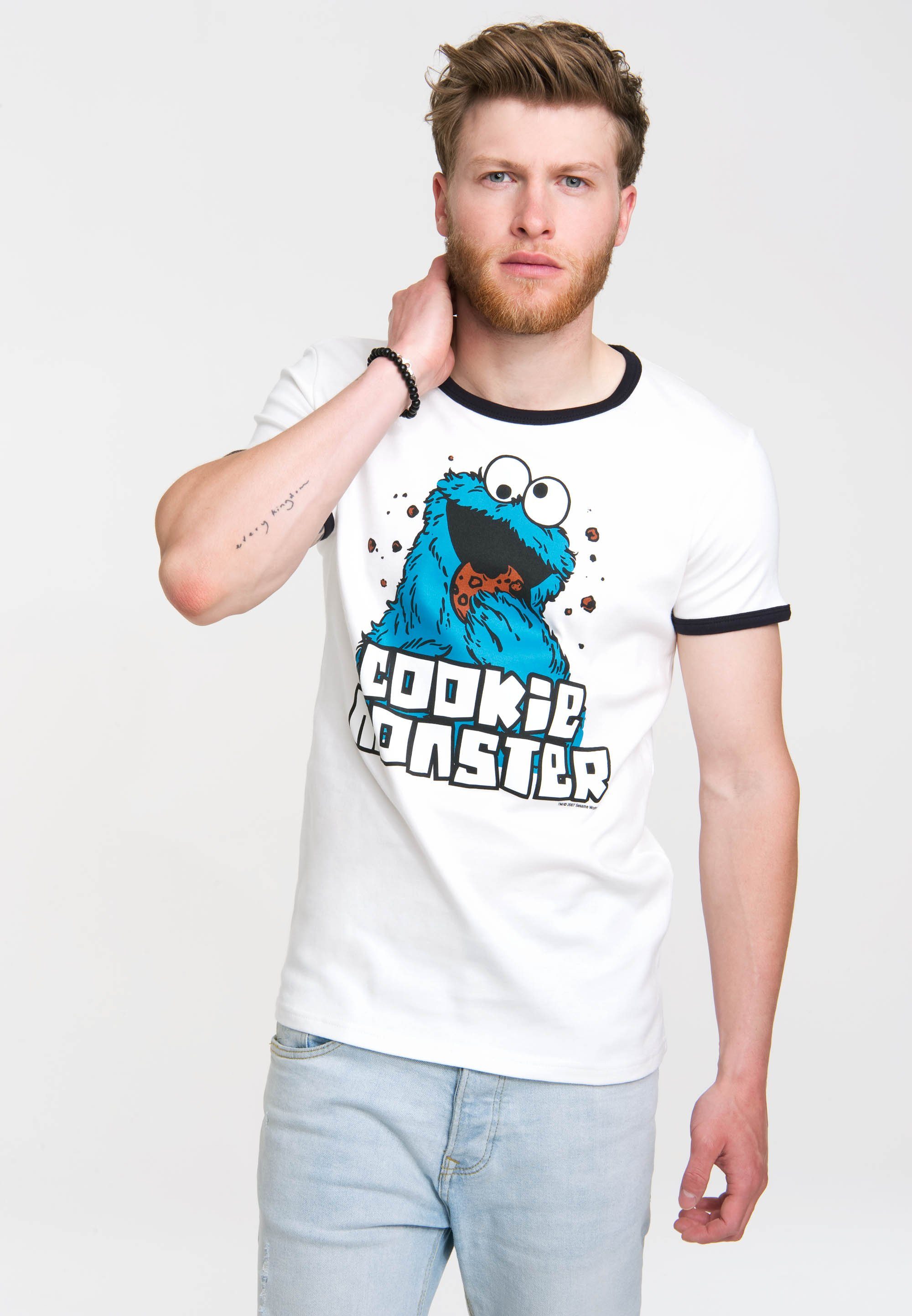 weiß Monster farblich LOGOSHIRT abgesetzten mit Bündchen T-Shirt Cookie