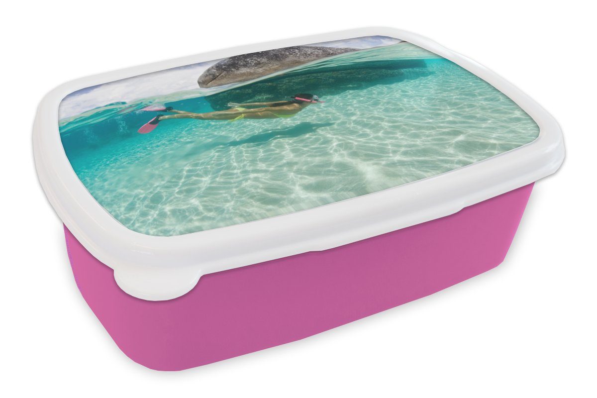 MuchoWow Lunchbox Meer - Tauchen - Türkis, Kunststoff, (2-tlg), Brotbox für Erwachsene, Brotdose Kinder, Snackbox, Mädchen, Kunststoff rosa