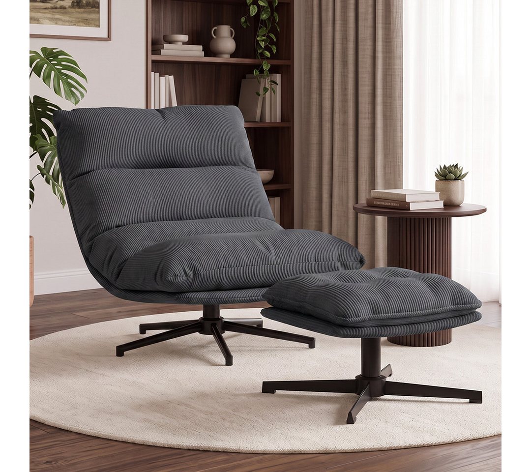 skølm Relaxsessel Hnoss mit Steppnähten, ausklappbar 4 Positionen, 360°drehbar, Cord (dunkelgrau mit Hocker), Loungesessel mit Fußablage, gepolstert, verstellbare Rückenlehne