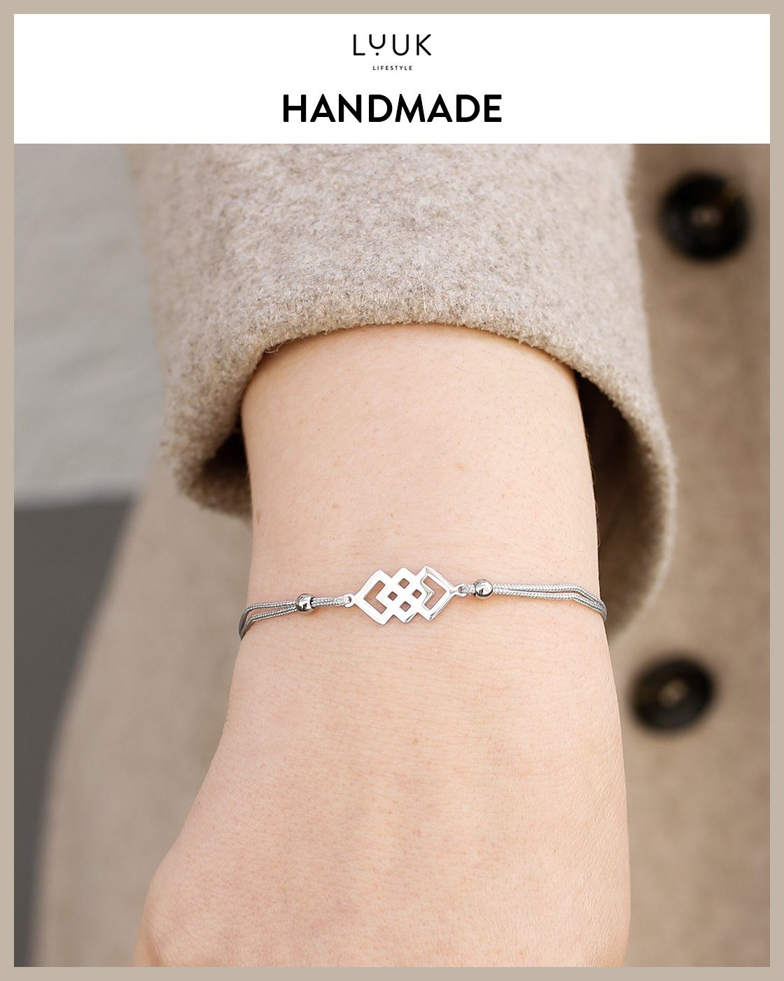 LUUK LIFESTYLE Freundschaftsarmband verschlungene Quadrate, handmade, mit Happiness Spruchkarte