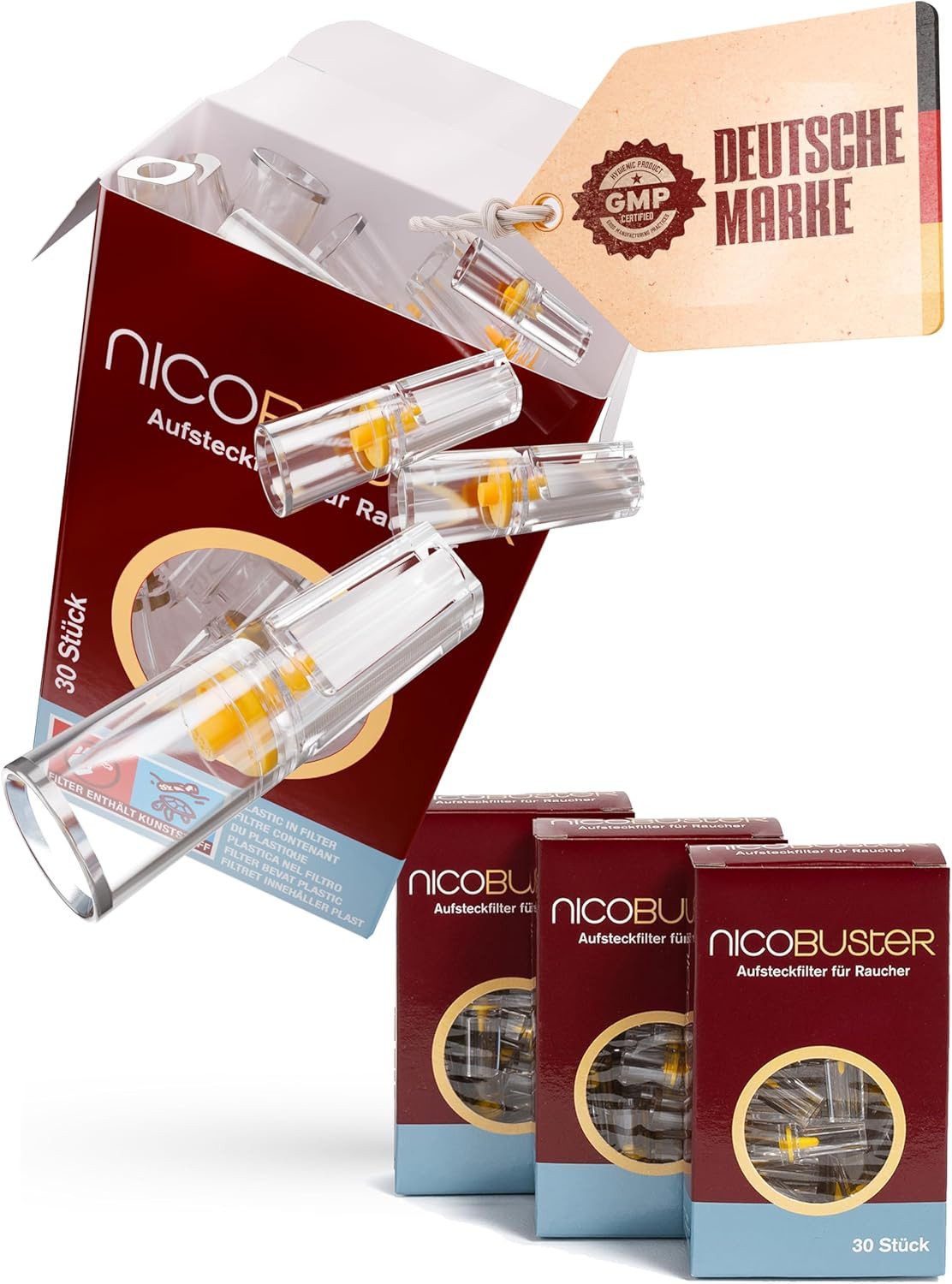 Nicobuster Aktivkohlefilter Aufsteckfilter für Zigaretten 30x4 (120 Stück) inkl. ein Feuerzeug, Zubehör für Zigaretten