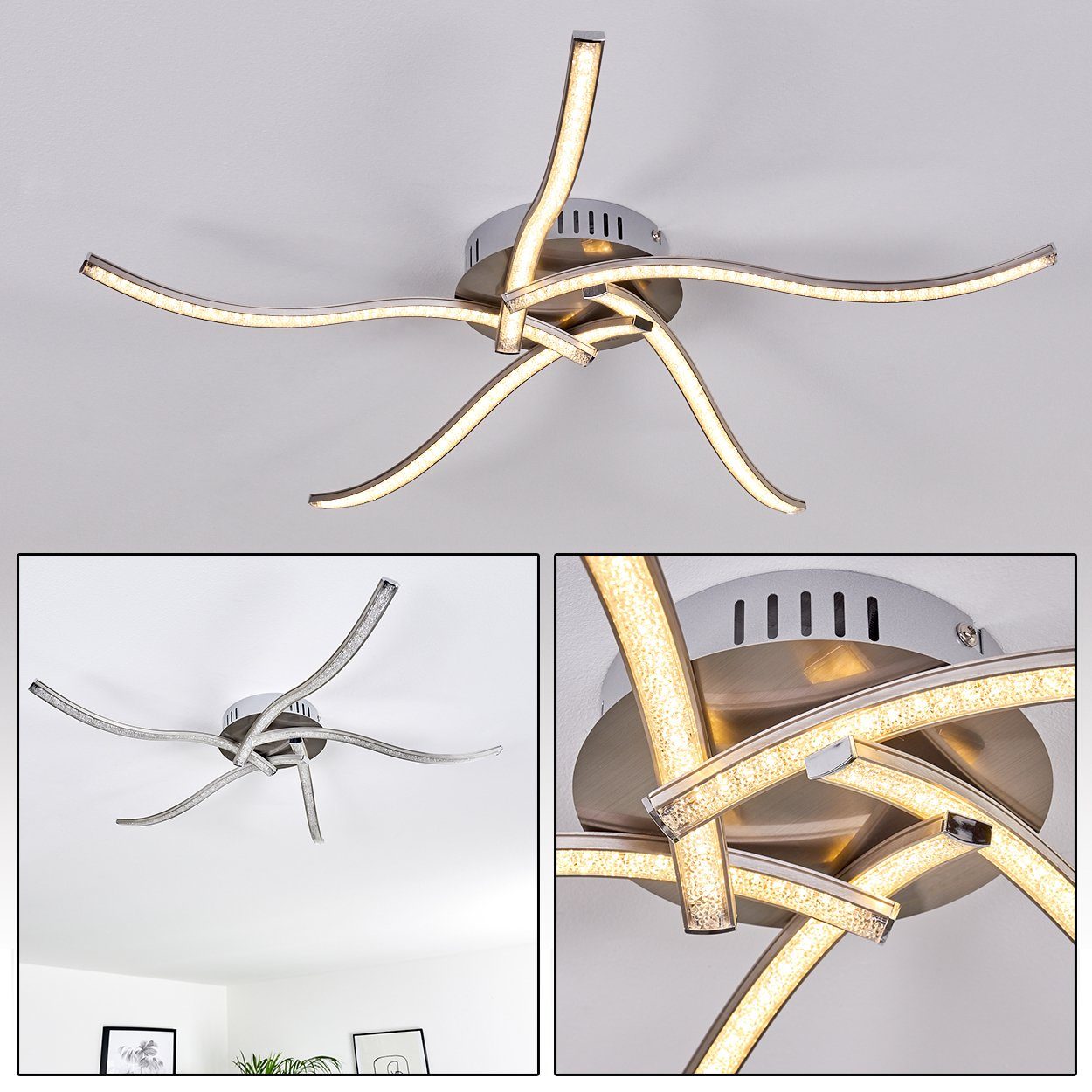 hofstein Deckenleuchte »Orsi« moderne Deckenlampe aus Metall in Nickel-matt, 3000 Kelvin, 1660 Lumen, Leuchte mit Glitzer-Effekt durch Kunststoff-Kristalle